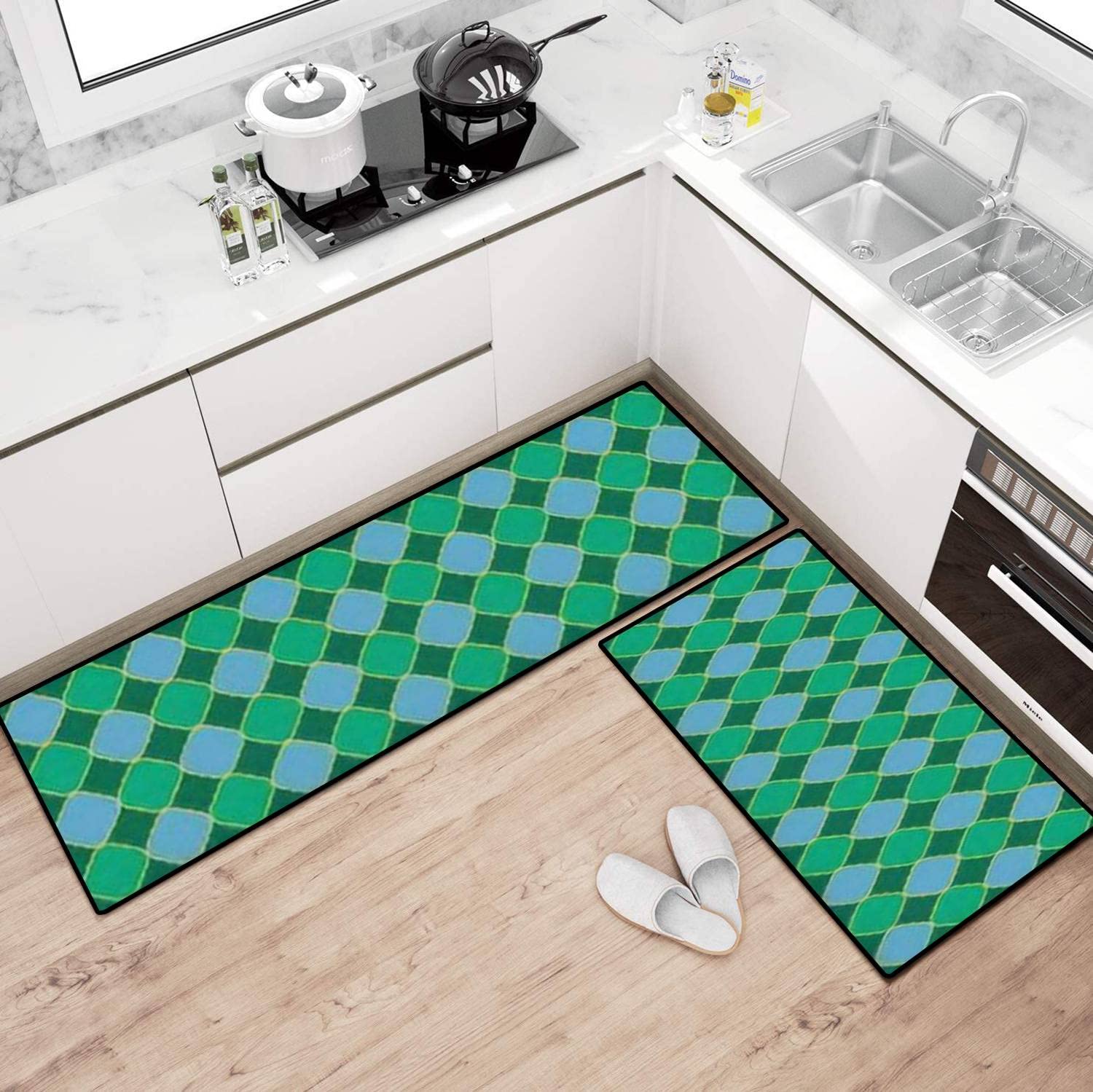 Non-Slip Washable Kitchen Rugs Set with Moroccan Border - Sparkling Cool Elegant Floor Mats for Kitchen, Bathroom & Entryway - Comfort Standing Mats for Home Decor & Safety