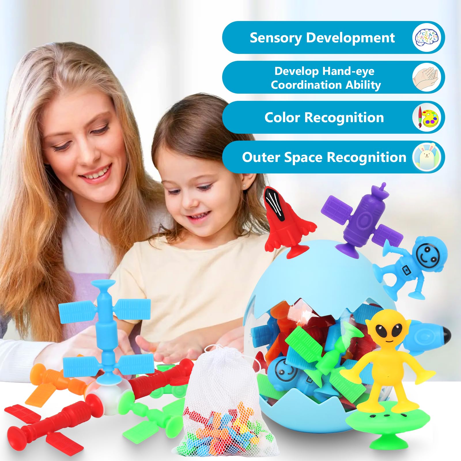 20-Piece Outer Space Bath Toys for Kids - No Hole Sensory Suction Cup Toys with Eggshell & Storage Bag, Fun Building Window Play for Toddlers Boys & Girls Ages 3-6 - Perfect for Bathtime Fun & Early Learning Development