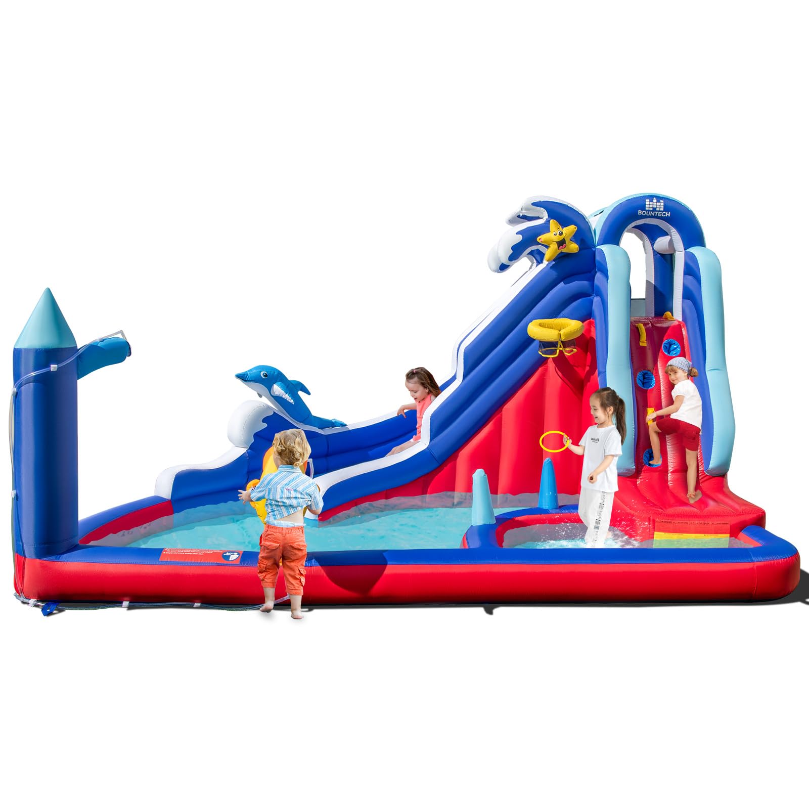 BOUNTECH Inflatable Water Slide with Dolphin Theme - Large Backyard Water Park for Kids & Adults, Includes Long Slide, Climbing Wall & Splash Pool - Perfect for Summer Parties, Outdoor Gatherings & Family Fun