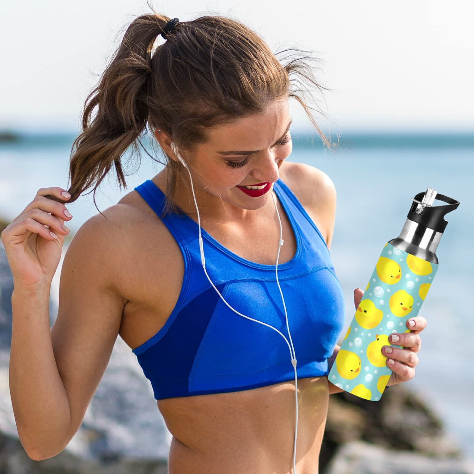 Senya 20oz Stainless Steel Water Bottle with Straw Lid - Insulated Kids Thermos for Sports, Gym, School & Outdoor Activities | Leakproof BPA-Free Water Flask | Yellow Ducks Bubbles Design | Perfect for Hiking, Camping & Daily Hydration