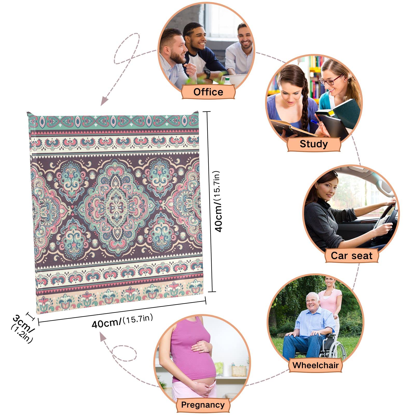 Emelivor Indian Floral Paisley Mandala Memory Foam Seat Cushion - Washable Chair Pad for Dining, Kitchen & Office Chairs - Comfortable Support for Home & Work Use