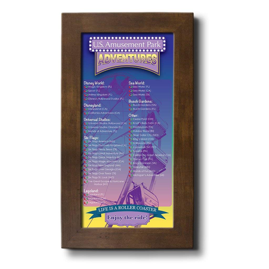 Amusement Parks Bucket List Tracker - Rustic Brown Wood Frame - 13.5x23.5 Inch Theme Park Travel Map - Canvas Wall Art for Home Decor & Travel Enthusiasts - Perfect for Living Room, Bedroom or Office