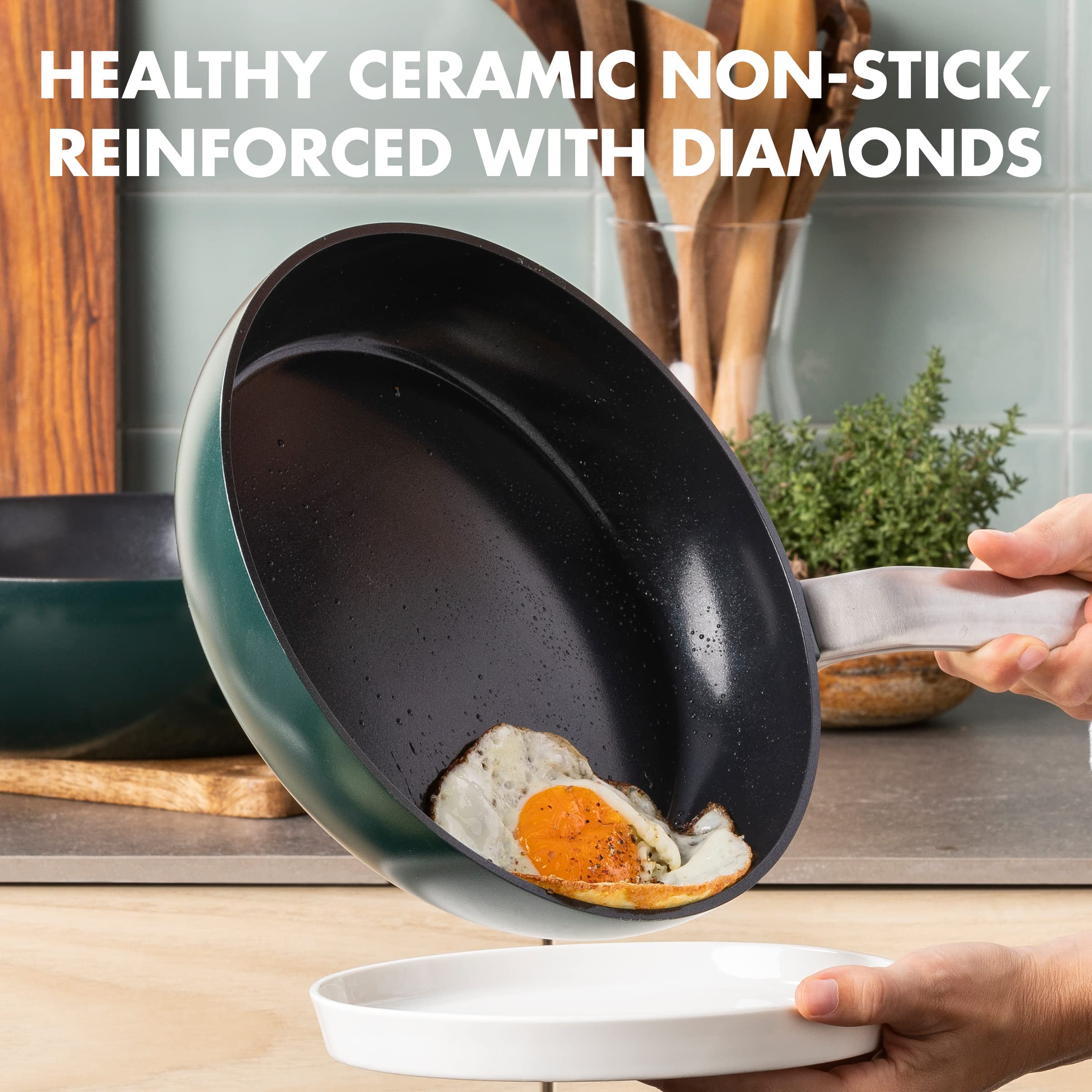 **GreenPan Evolution 3-Piece Nonstick Ceramic Cookware Set - Hard Anodized, PFAS-Free, Induction Compatible, Dishwasher & Oven Safe, Pine Green - Perfect for Frying, Sautéing & Stir-Frying**