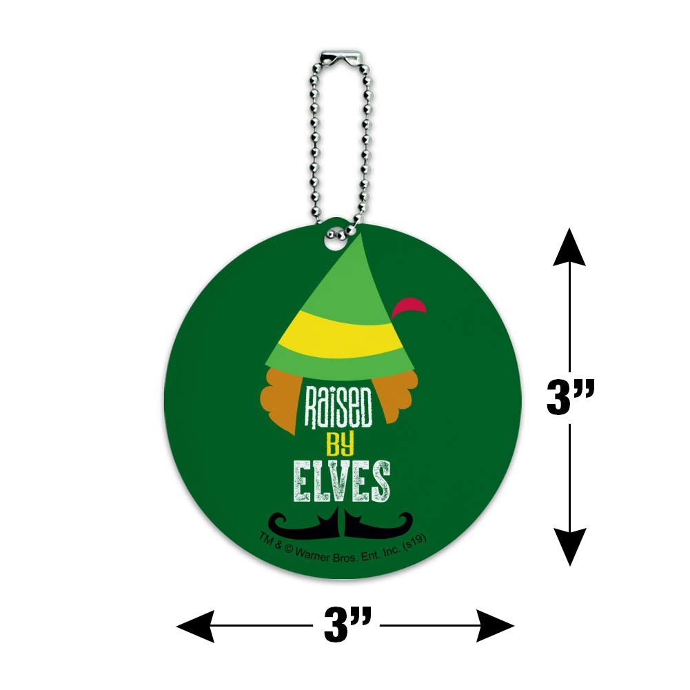 Elf Movie Inspired Raised by Elves Luggage ID Tag - Durable Round Suitcase Name Tag for Carry-On Bags - Perfect for Travel, Vacation & Holiday Gift