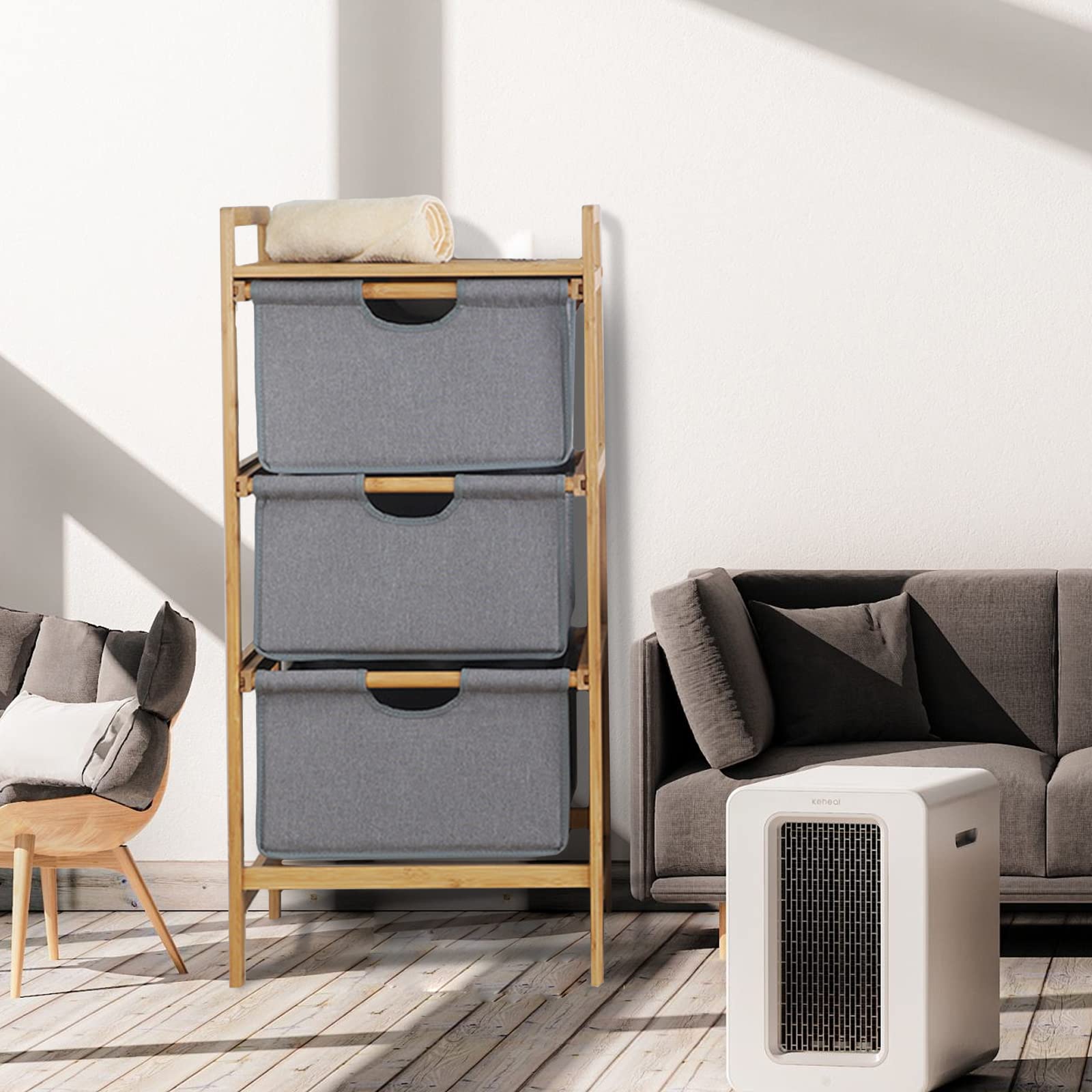 3-Tier Bamboo Frame Storage Drawers with Fabric Baskets - Grey Organizer for Bedroom, Closet, Nursery (37.8