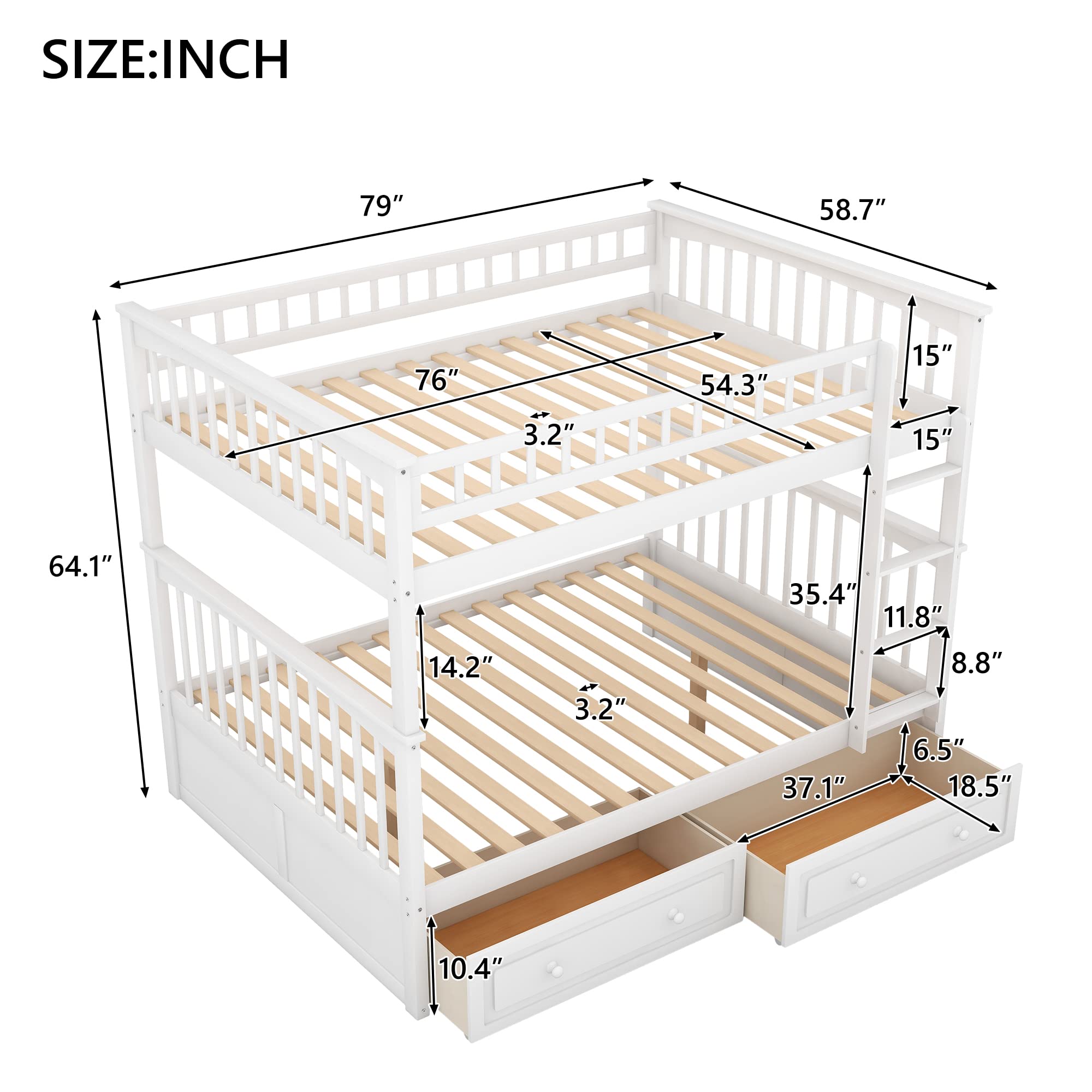 Harper & Bright Designs Full Over Full Bunk Bed with Storage Drawers - Solid Wood Bunk Bed Frame in White - Perfect for Kids' Bedrooms, Guest Rooms & Space-Saving Solutions