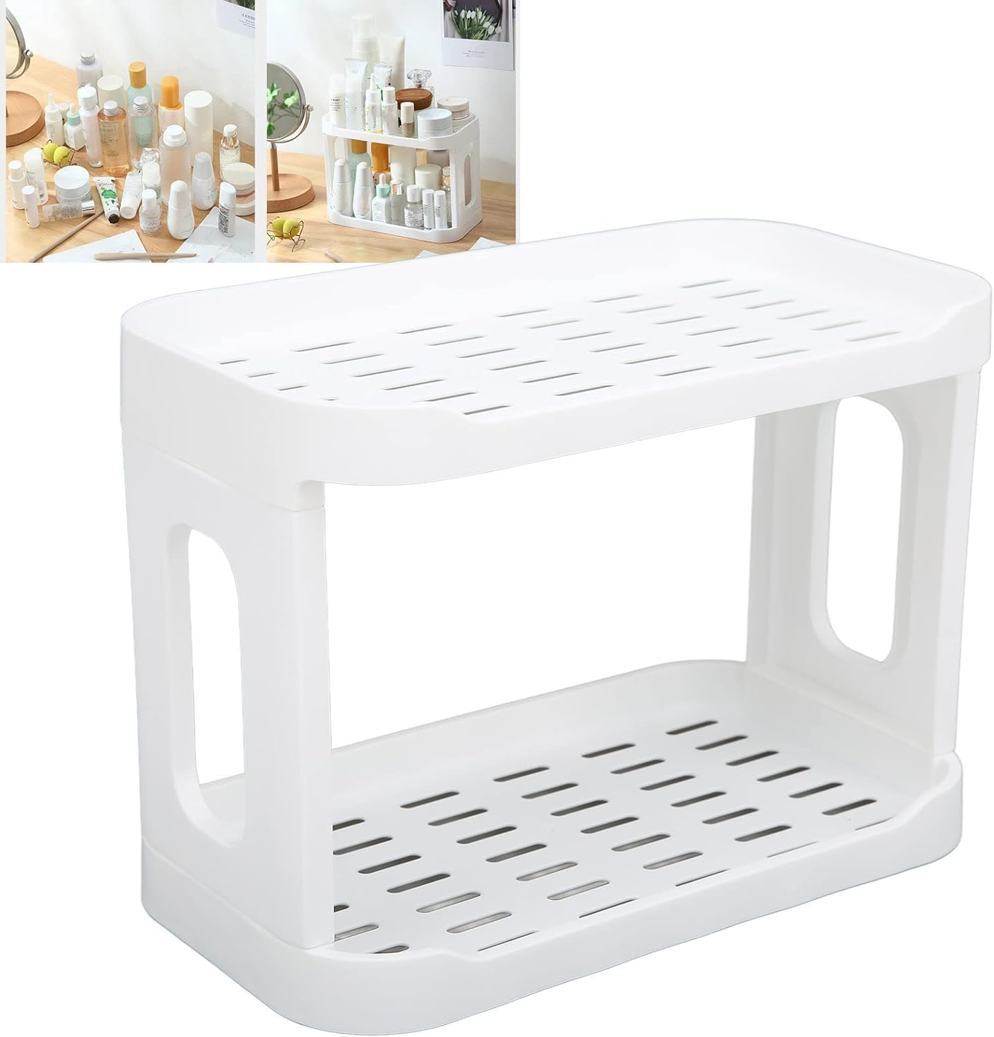OTIPORTER 2-Tier Foldable Desktop Organizer - Plastic Storage Shelf for Office, Home, Kitchen & Bathroom Accessories | Space-Saving Cosmetic & Stationery Holder (White) | Perfect for Desk Organization & Small Item Storage