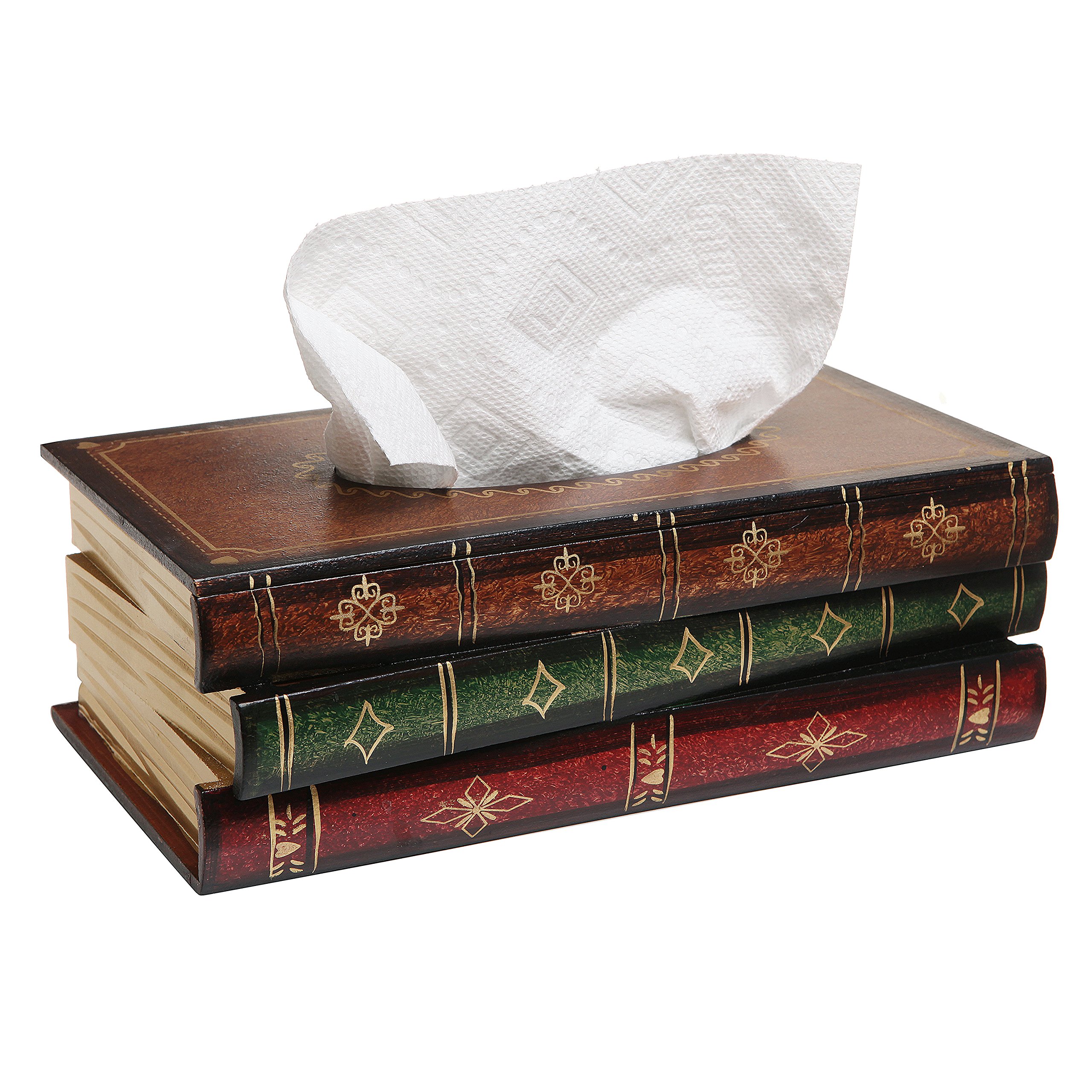 Vintage Stacked Books Design Wooden Tissue Box Cover - Rectangular Bathroom & Office Tissue Holder with Easy Refill Hinged Top | Home Decor, Desk Organizer, Gift Idea