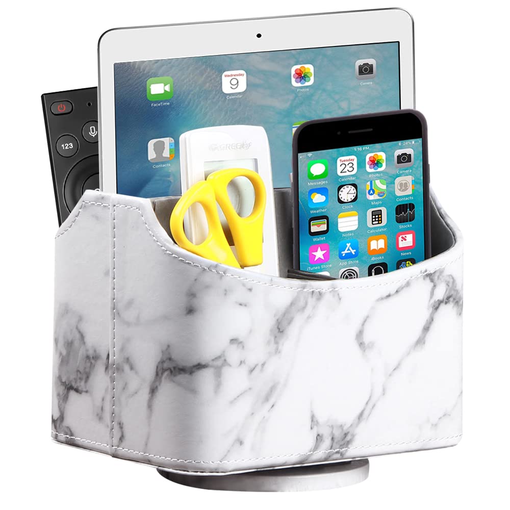 360° Spinning PU Leather Remote Control Holder - Desk Organizer for TV Remote, Phone, Pen, Calculator & Mail | White Marble Design | Perfect for Living Room, Office & Bedroom Organization
