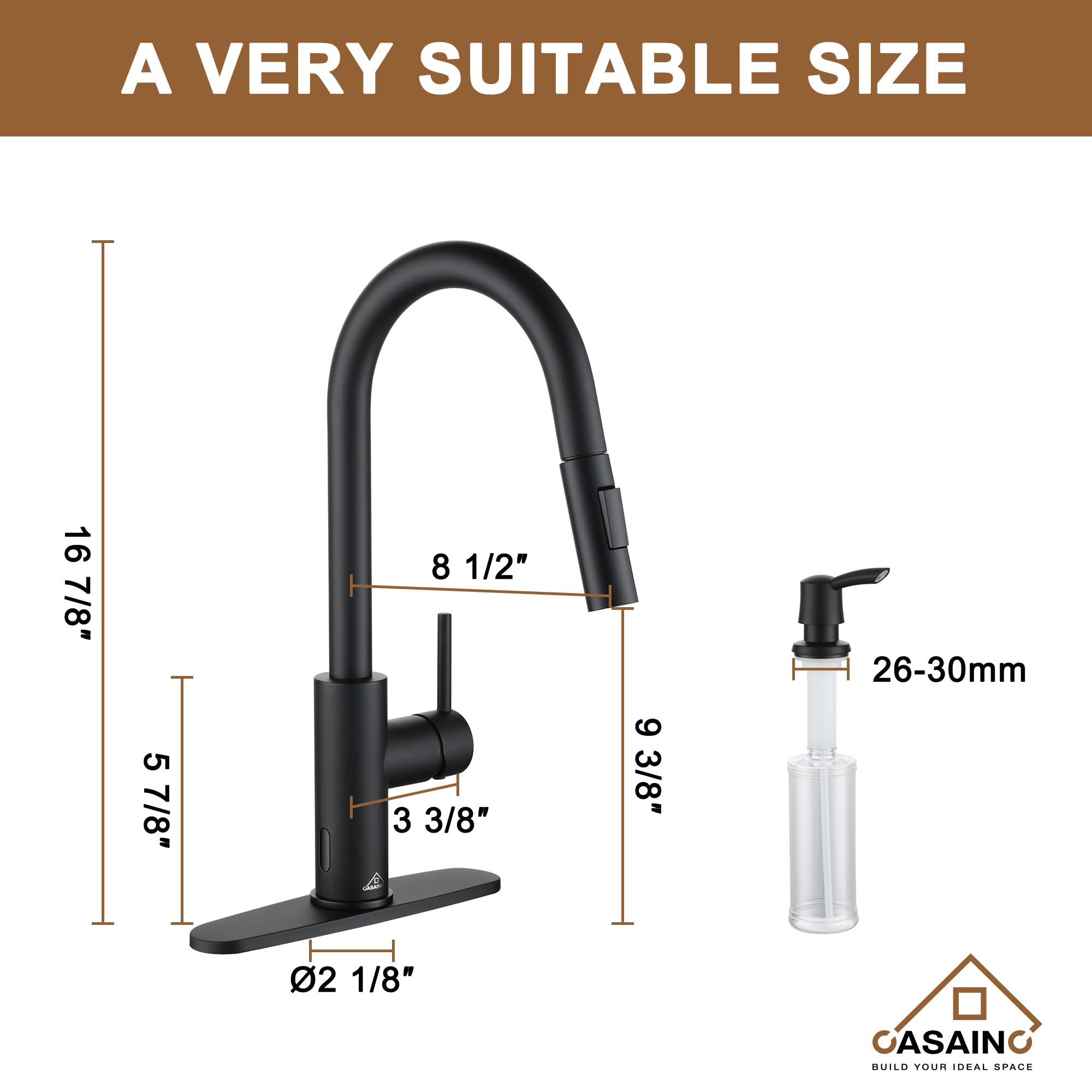 CASAINC Matte Black Touchless Kitchen Faucet with Pull Down Sprayer - 1.8 GPM, 16.89