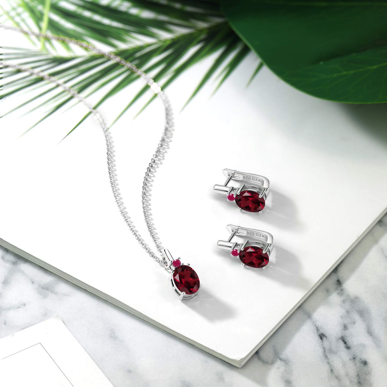 6.72 Ct Natural Red Rhodolite Garnet & Ruby 925 Sterling Silver Pendant Earrings Set | Gem Stone King | Valentine's Gift, Anniversary Jewelry, Birthday Present for Her