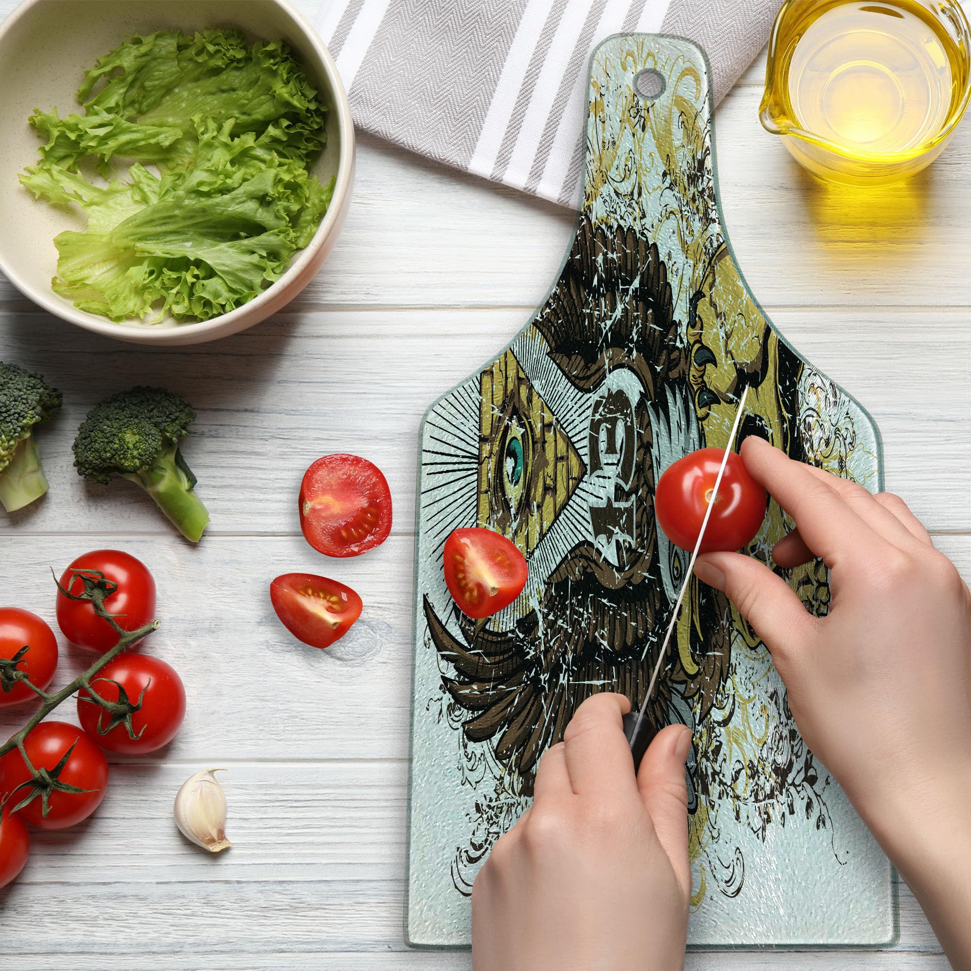 Ambesonne Tattoo-Themed Tempered Glass Cutting Board - American Eagle Wings with Skull & Brick Wall Design - Decorative Serving Board for Cheese, Charcuterie & Wine - Perfect for Parties, Kitchen Decor & Gifts (Brown & White)