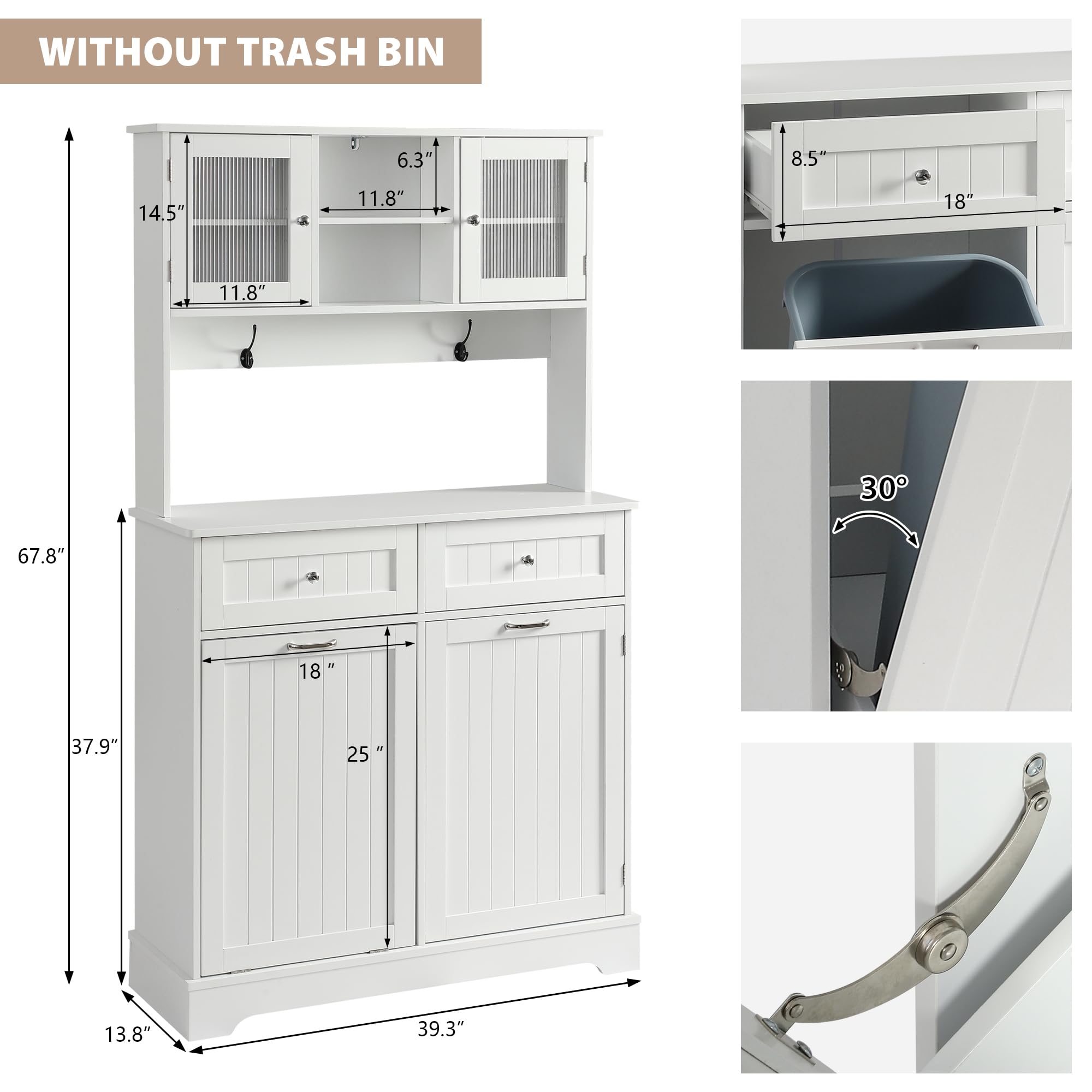 White Tilt-Out Trash Cabinet - Solid Wood Hideaway Trash Can with 2 Drawers, Freestanding Storage Cabinet for Kitchen Recycling & Waste Disposal - Perfect for Small Spaces & Home Organization