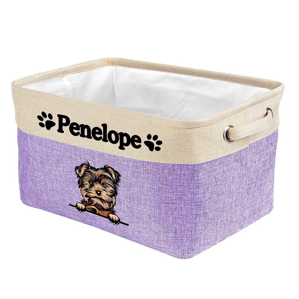 Personalized Foldable Storage Basket with Cute Yorkie Dog Print - Collapsible Fabric Pet Toy Organizer Bin with Handles for Home, Closet & Shelf Storage - Purple & White - Perfect for Pet Lovers' Home Organization & Kids' Room Decor