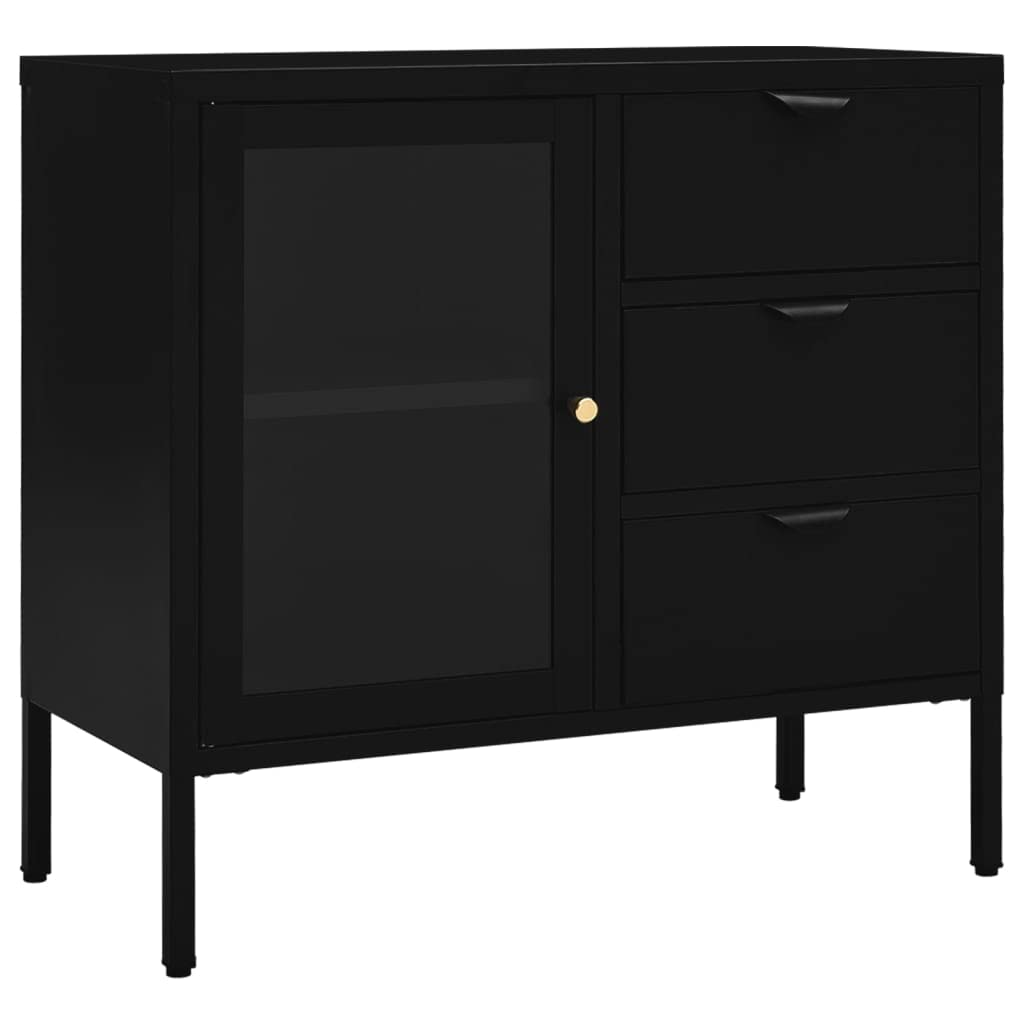 Modern Black Sideboard with Adjustable Shelf & 3 Drawers - Steel & Tempered Glass Storage Cabinet for Living Room, Bedroom, or Office Organization
