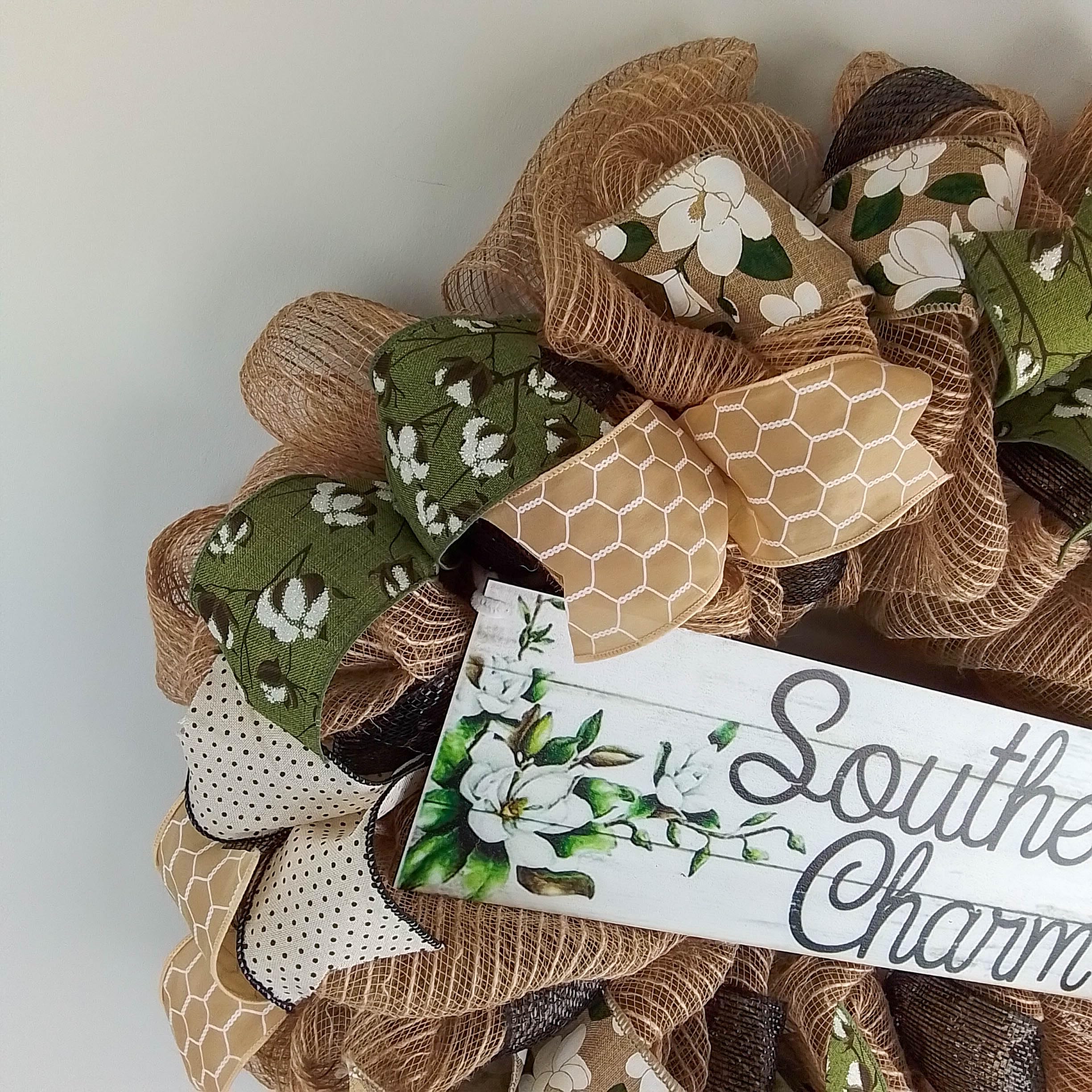 Southern Charm Magnolia Wreath - Elegant Black & Green Burlap Wreath for Spring Home Decor - Perfect Wedding Gift Idea - Moss & White Burlap Wreath for Front Door, Wall Decor, and Seasonal Holiday Decoration