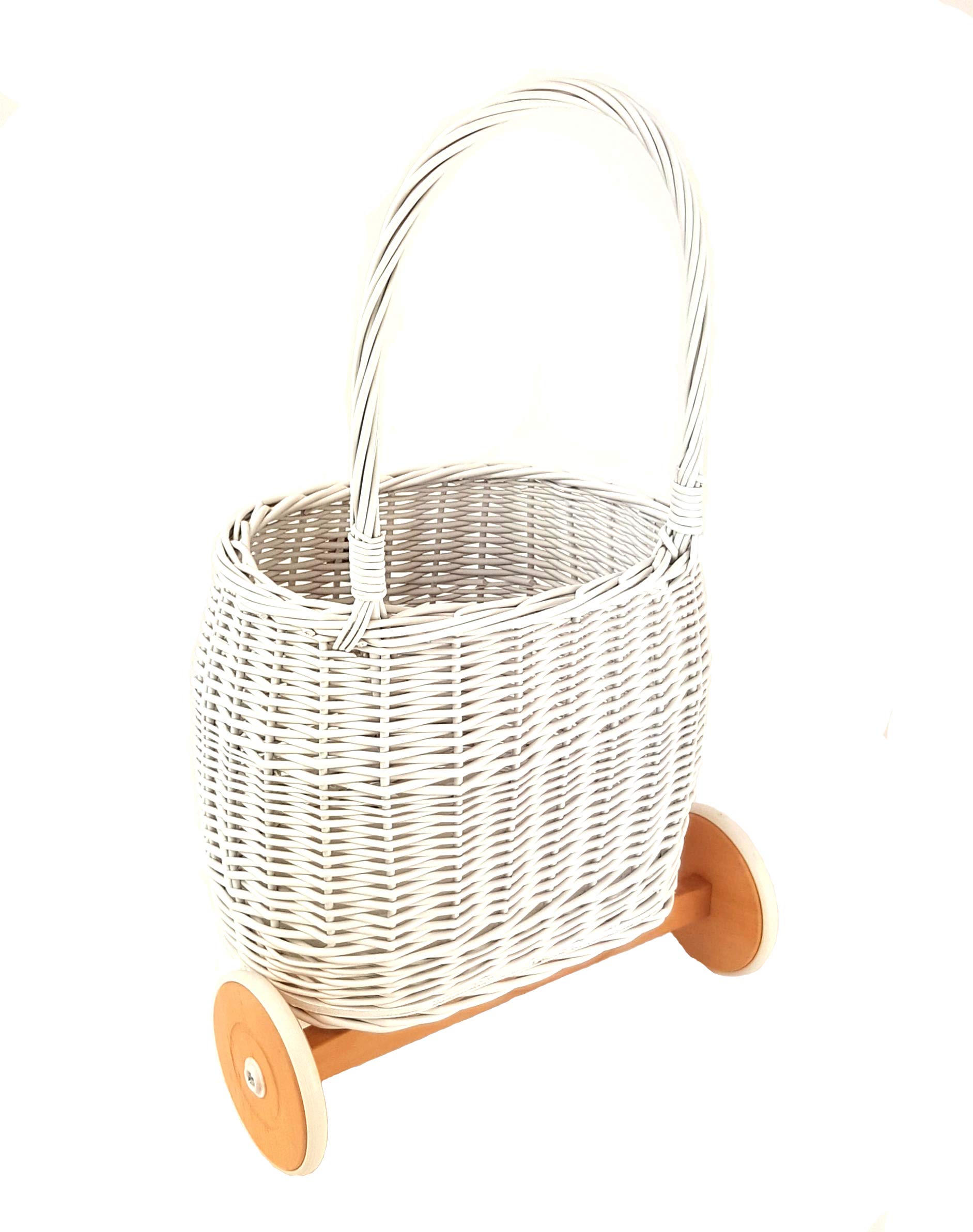 WIKLIBOX Rattan Pull Toy Basket - Handmade European Wicker Toy Storage Organizer - White Color for Nursery, Playroom & Kids' Bedroom Organization
