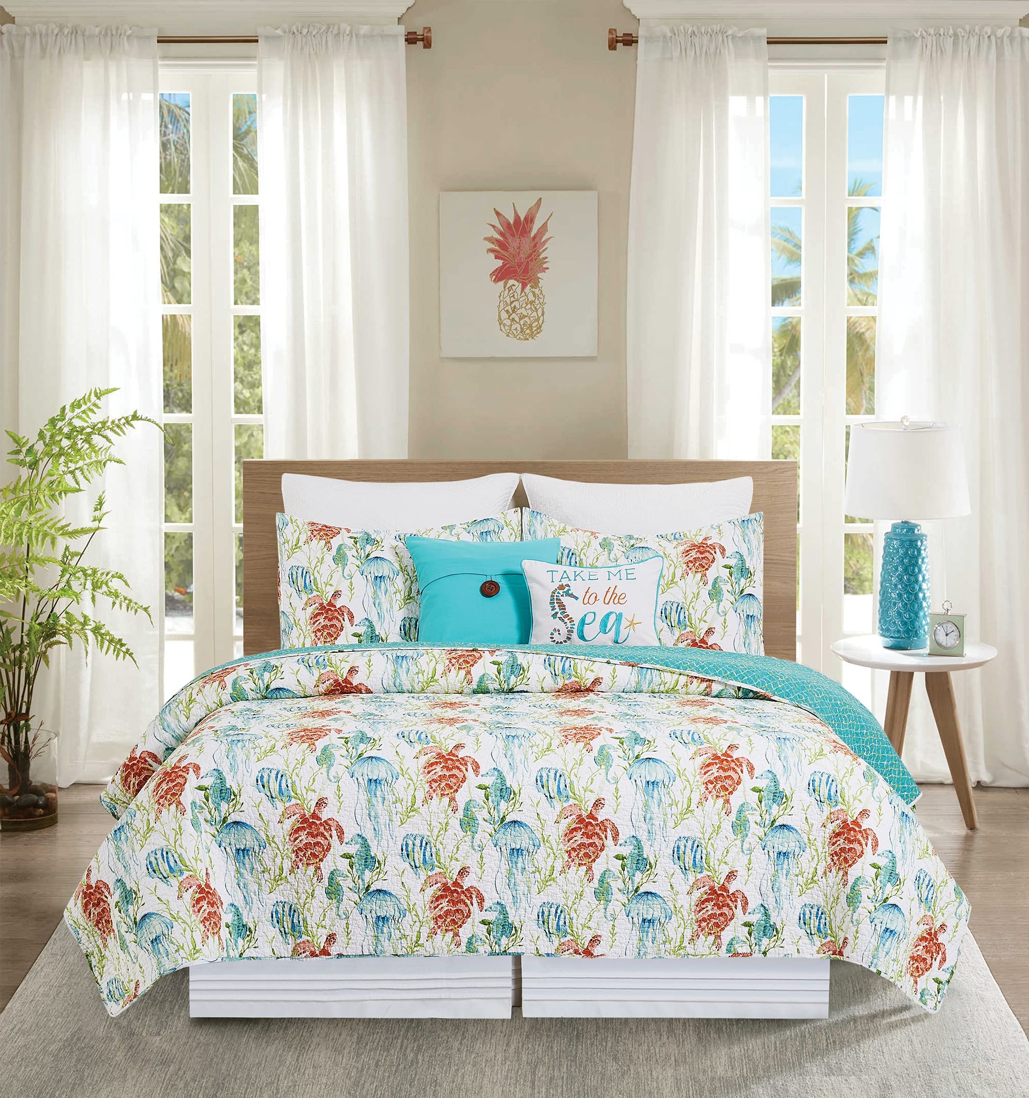 C&F Home Paradise Sound 3-Piece Full/Queen Quilt Set - Aqua Animal Icon Print, Coastal Ocean Beach Seaside Theme, 100% Cotton, Lightweight & Machine Washable, Reversible Bedspread Coverlet - Perfect for Beach House, Guest Room & Coastal Decor