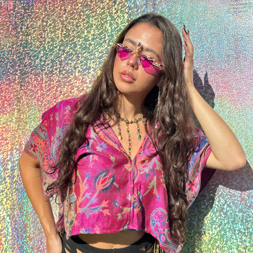 Exotic Floral Pashmina Halter V-Neck Crop Top for Women | Boho Chic Summer Blouse | Perfect for Beach, Music Festivals & Date Nights
