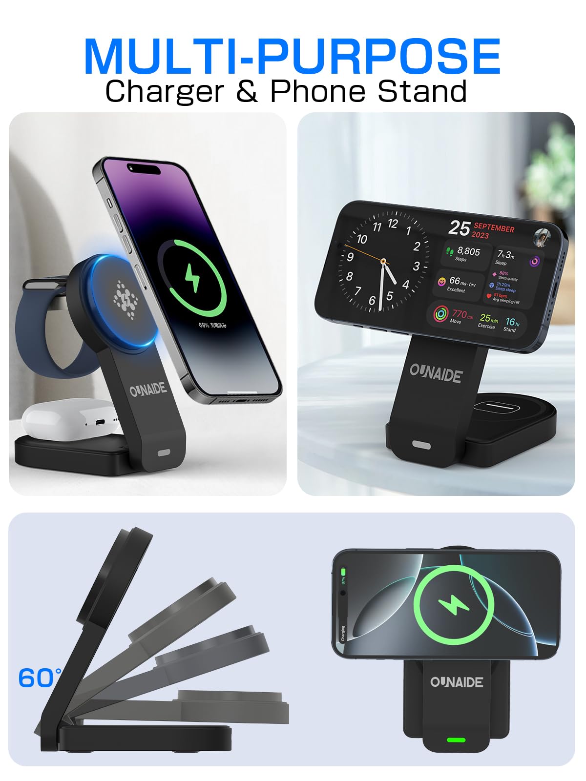 2025 3-in-1 Magnetic Wireless Charging Station - 18W Fast Foldable Charger Stand Compatible with iPhone 16/15/14/13/12 Series, Apple Watch & AirPods | Portable MagSafe Charging Dock for Home, Office & Travel - Black