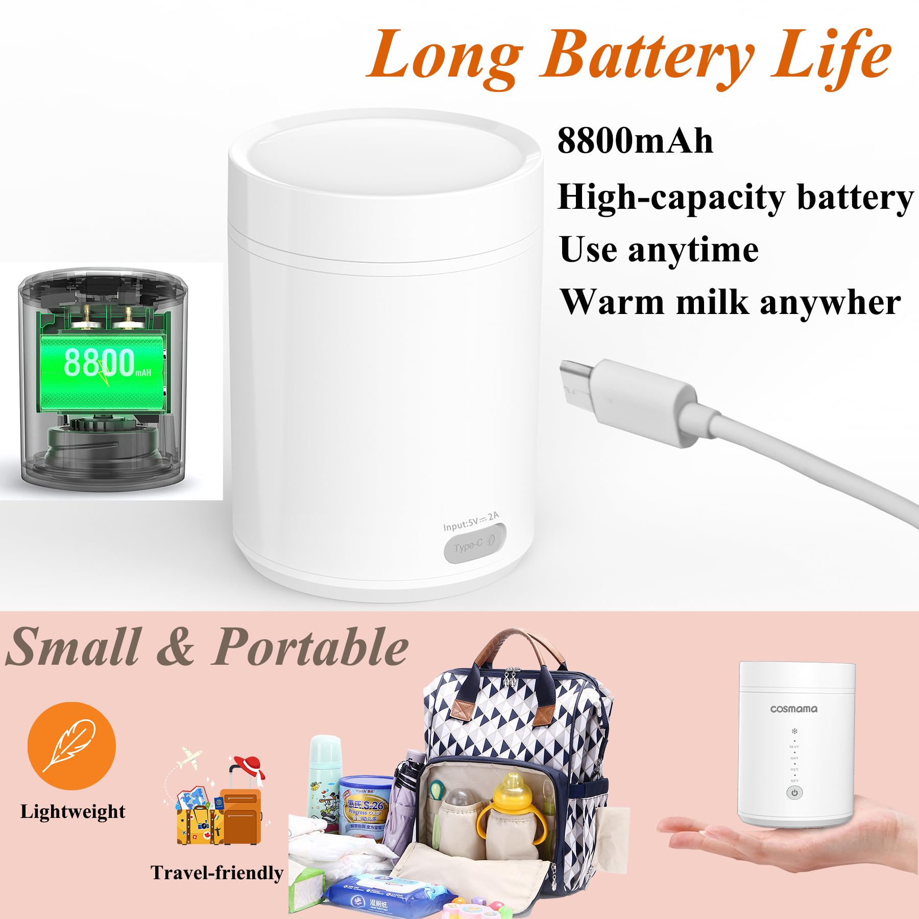 Portable Baby Bottle Warmer for Travel - Rechargeable Breast Milk & Formula Warmer with 4 Adapters & Precise Temperature Control | Perfect for On-the-Go Parents, Daycare, Road Trips & Airplane Travel