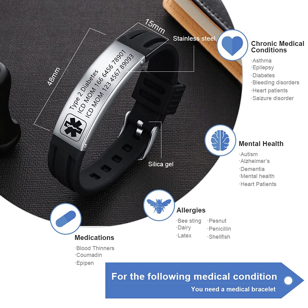 Personalized Silicone Medical Alert ID Bracelet for Men & Women - Adjustable 9 Inch Waterproof Emergency Sport Bracelet with Custom Engraving - Ideal for Running, Hiking, Travel & Medical Safety