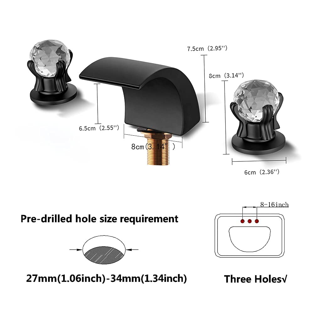 3 Hole 2 Handle Widespread LED Waterfall Bathroom Sink Faucet with Dual Crystal Handles - 8 Inch Matte Black Basin Mixer Tap with Supply Hose - Perfect for Modern Vanities & Luxury Bathroom Renovations