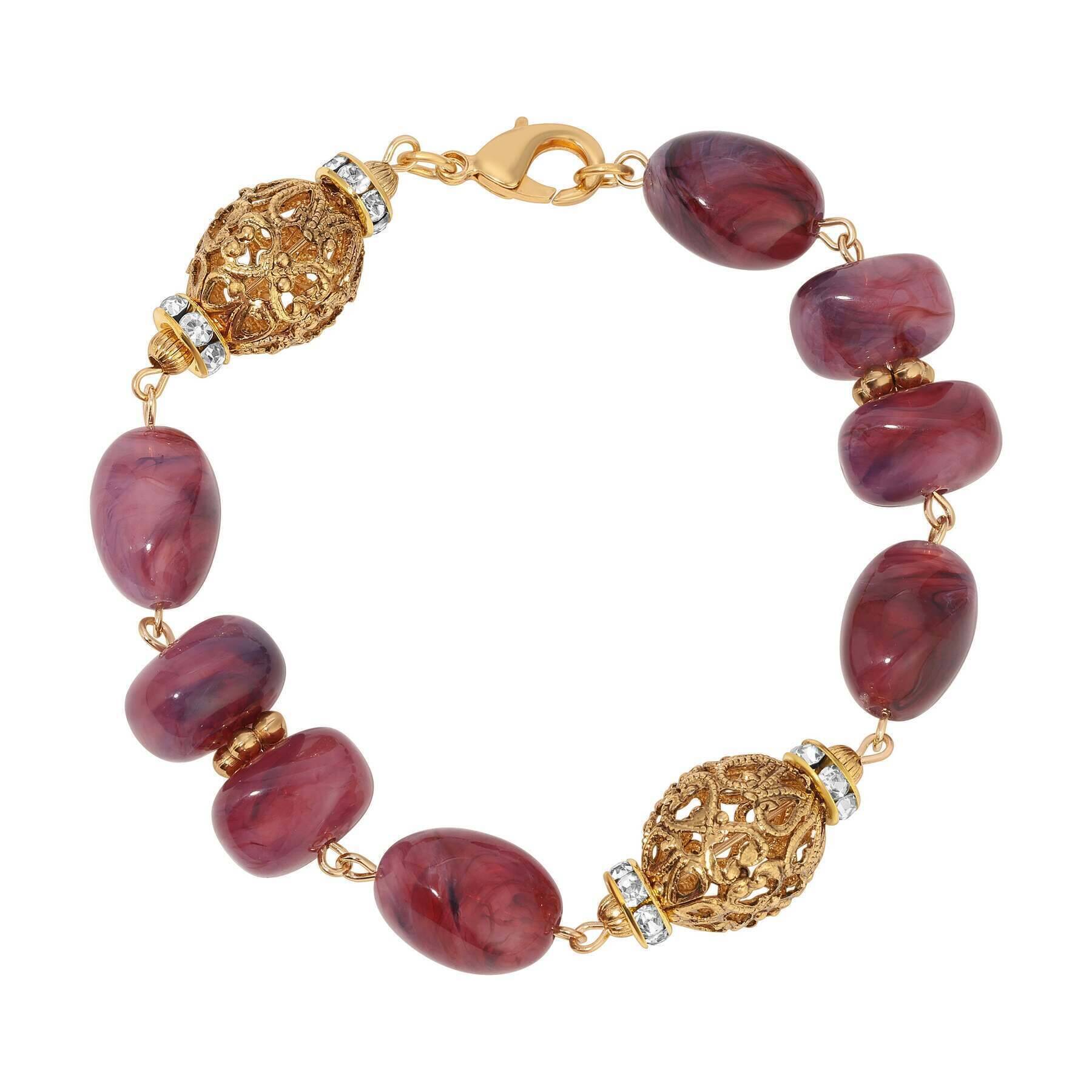 1928 Jewelry Irregular Milky Amethyst Bead & Gold Filigree Crystal Accent Bead Link Bracelet - Elegant Vintage Style Jewelry for Women, Perfect for Parties, Weddings & Special Occasions