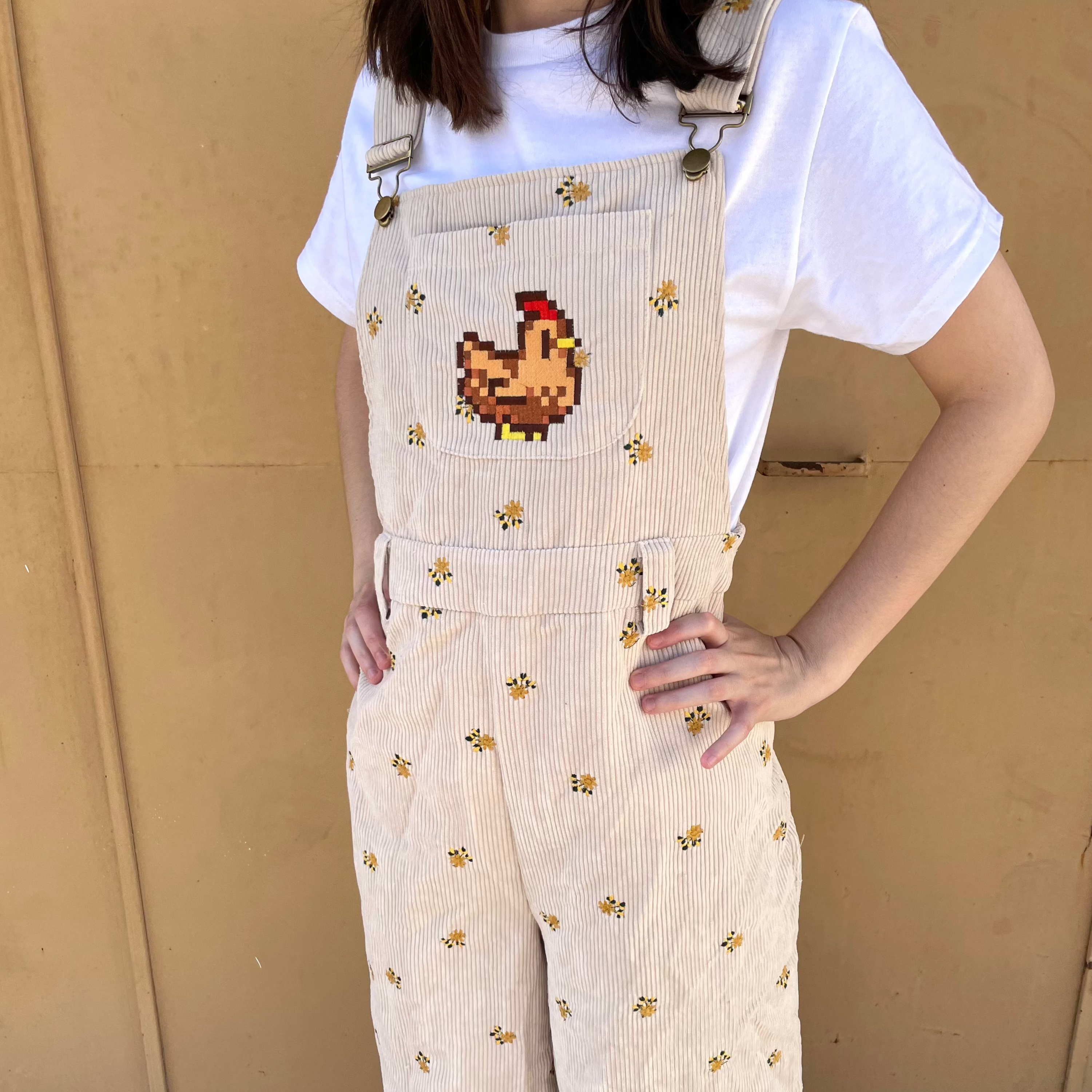 Stardew Valley Inspired Floral Overalls for Women - Cute Chicken Print Long Pants - Perfect for Cosplay, Farming, Gardening & Casual Wear
