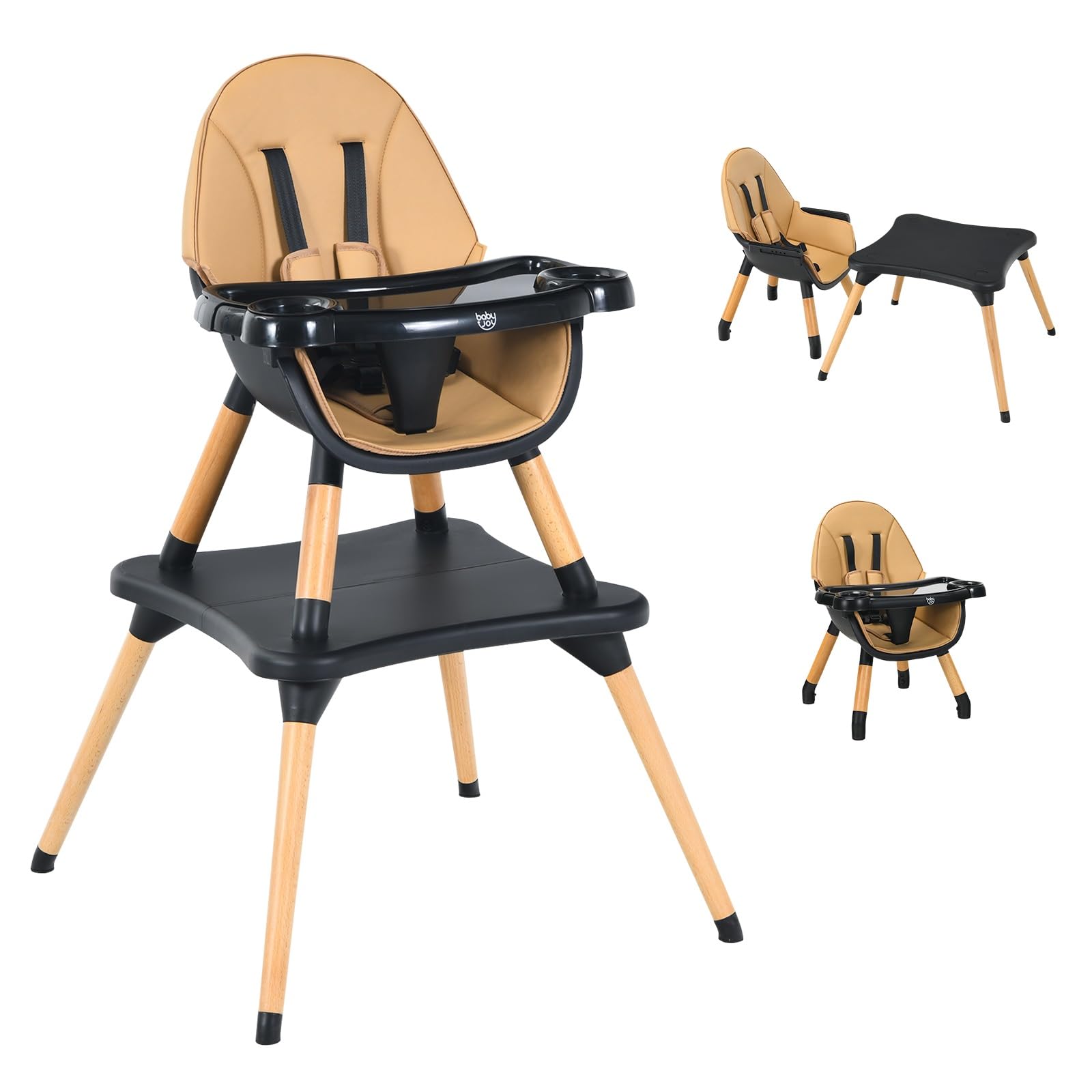 INFANS 5-in-1 Convertible Baby High Chair with Safety Harness - Adjustable Wooden Booster Seat & Toddler Dining Chair with Removable Tray & Easy-Clean Cushion - Perfect for Feeding, Playtime & Learning (Brown)