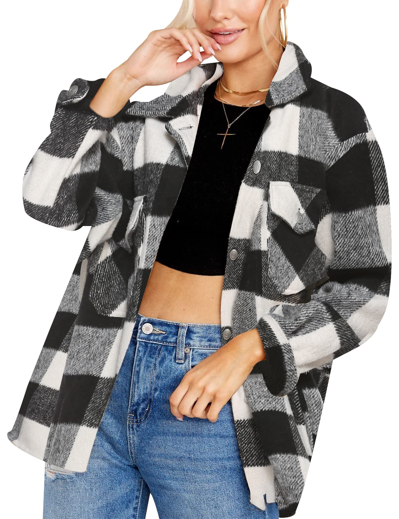 Gihuo Women's Plaid Flannel Shacket Jacket - Loose Fit Button Down Shirt Jacket for Casual Outfits & Fall Layering | Perfect for Outdoor Activities, Workwear & Everyday Style