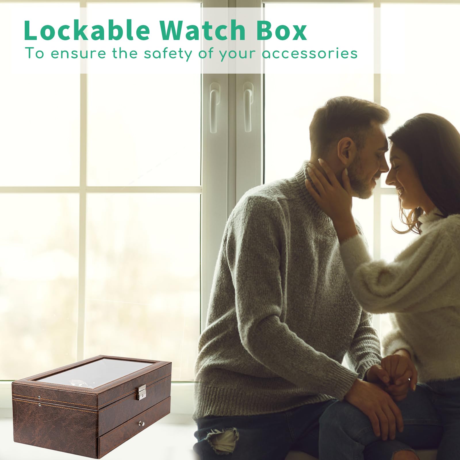 TomCare 2-Tier Watch Box with Lockable Glass Lid - Jewelry Organizer for Watches, Sunglasses, Rings, Necklaces & Bracelets - Premium Storage Case for Men & Women (Brown) - Perfect for Home Display, Travel & Gift Giving