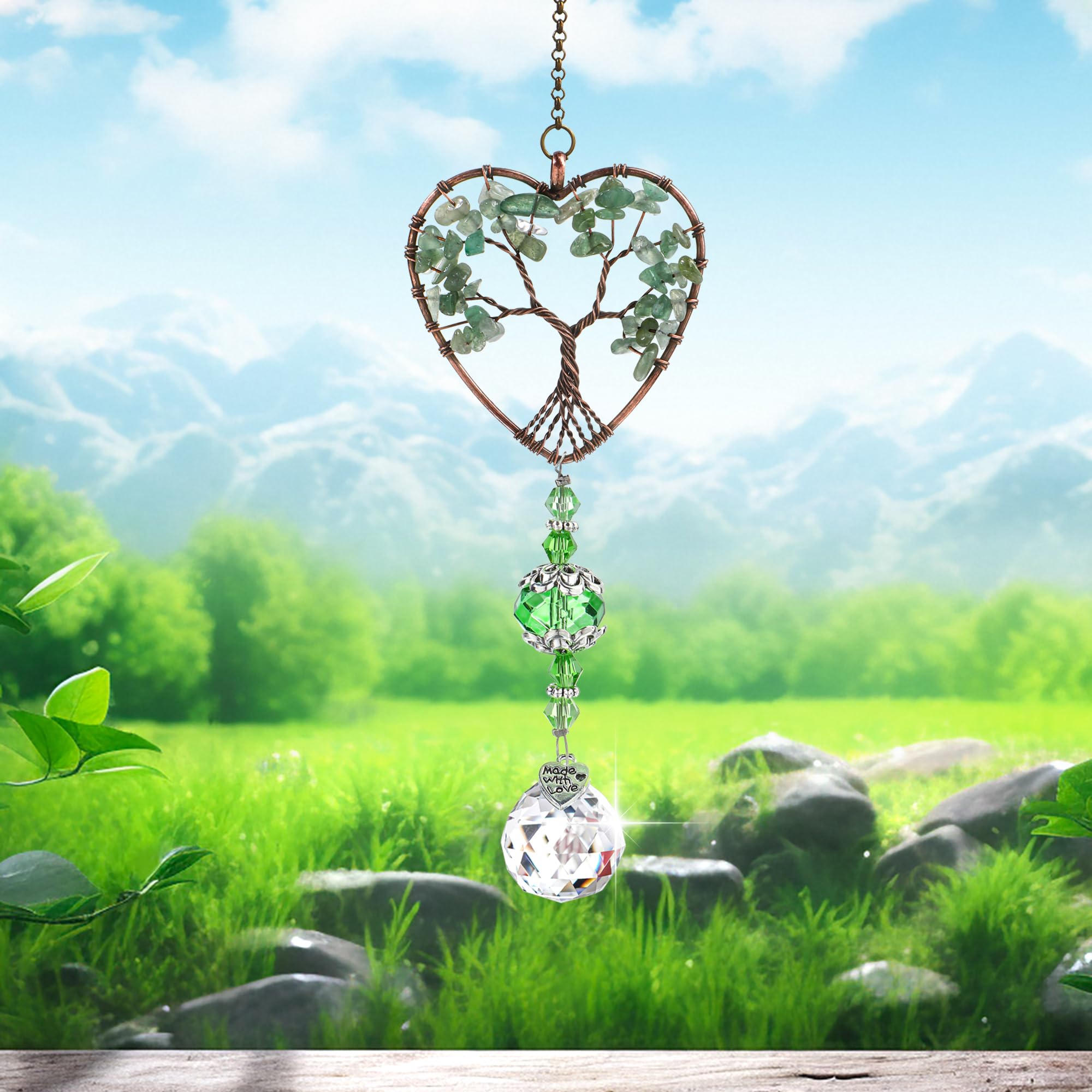H&D HYALINE & DORA Tree of Life Car Rearview Mirror Hanging Ornament - Feng Shui Suncatcher Pendant for Good Luck & Protection (Green) | Perfect for Car Interior Decor, Spiritual Gift & Positive Energy