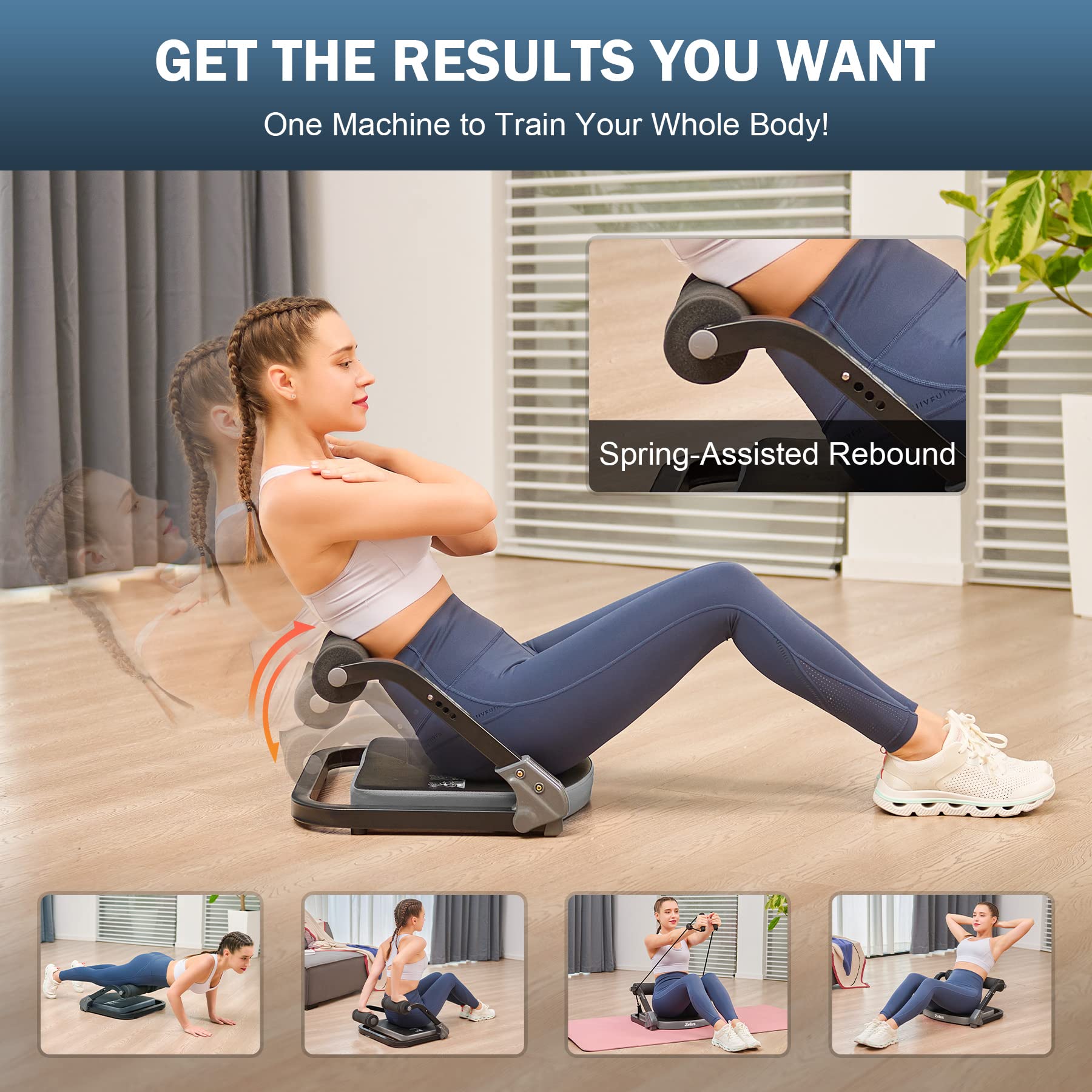 ZELUS 2-in-1 Ab Machine with Resistance Bands - Adjustable 4-Level Intensity Core Trainer for Home Gym | Full Body Workout Equipment with Rebound Assist | Perfect for Home Fitness, Strength Training & Toning Exercises