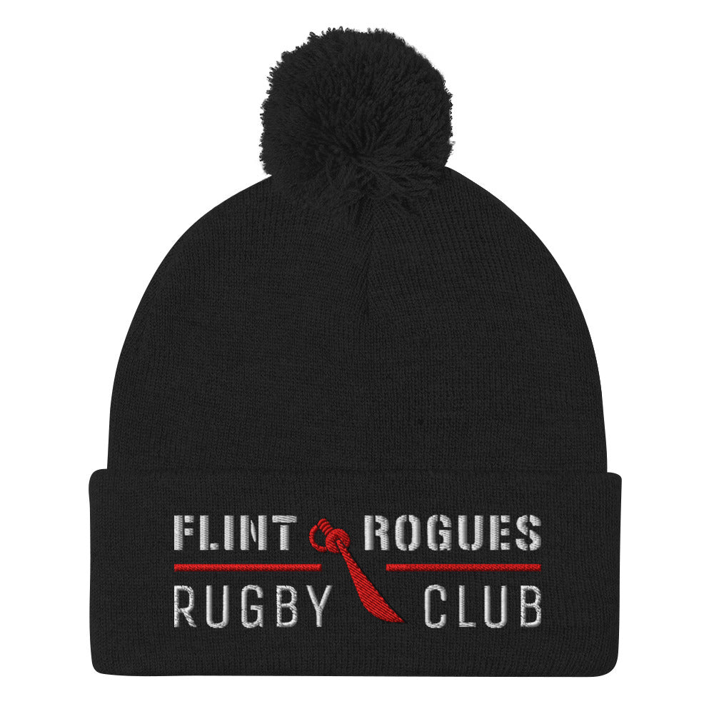 Flint Rogues RFC Pom Beanie - Winter Knit Hat for Men & Women - Soft Warm Skull Cap with Faux Fur Pom - Perfect for Snowboarding, Skiing, and Outdoor Activities