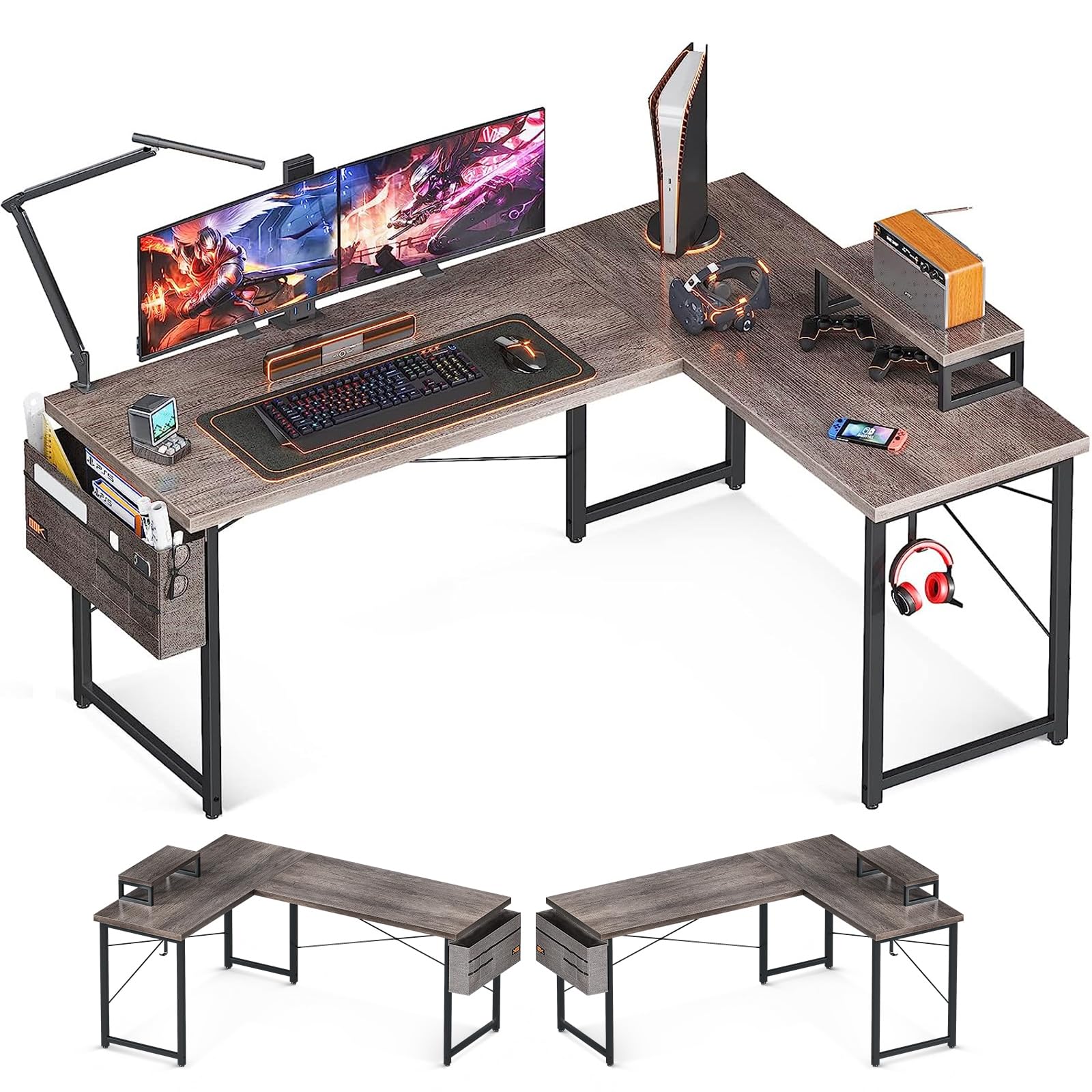 ODK 59 Inch L-Shaped Modern Gray Oak Computer Desk - Home Office & Gaming Workstation with Monitor Shelf, Space-Saving Design for Small Rooms & Apartments