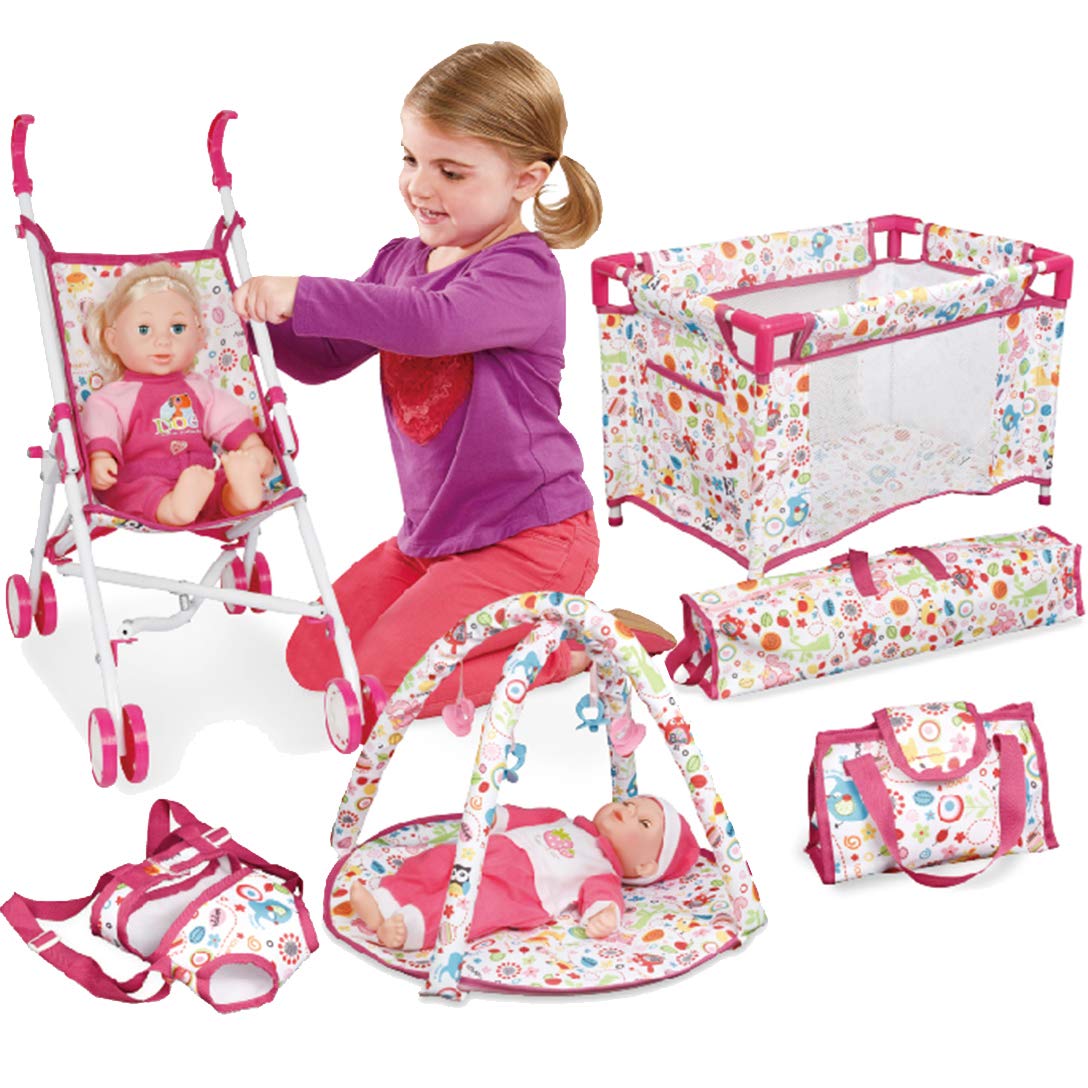 5-in-1 Baby Doll Stroller Playset with Carrier & Mat - Pretend Play for Kids