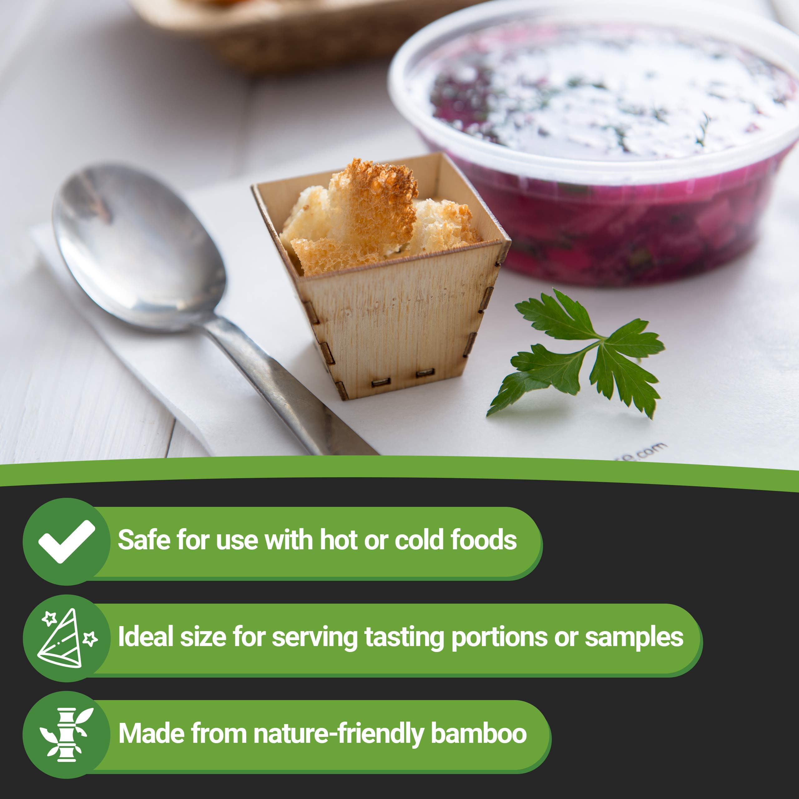 Eco-Friendly 2 oz Bamboo Appetizer Cups - 100-Pack Square Mini Dessert Bowls | Durable Disposable Tasting Bowls for Snacks, Samples, Parties & Catering Events