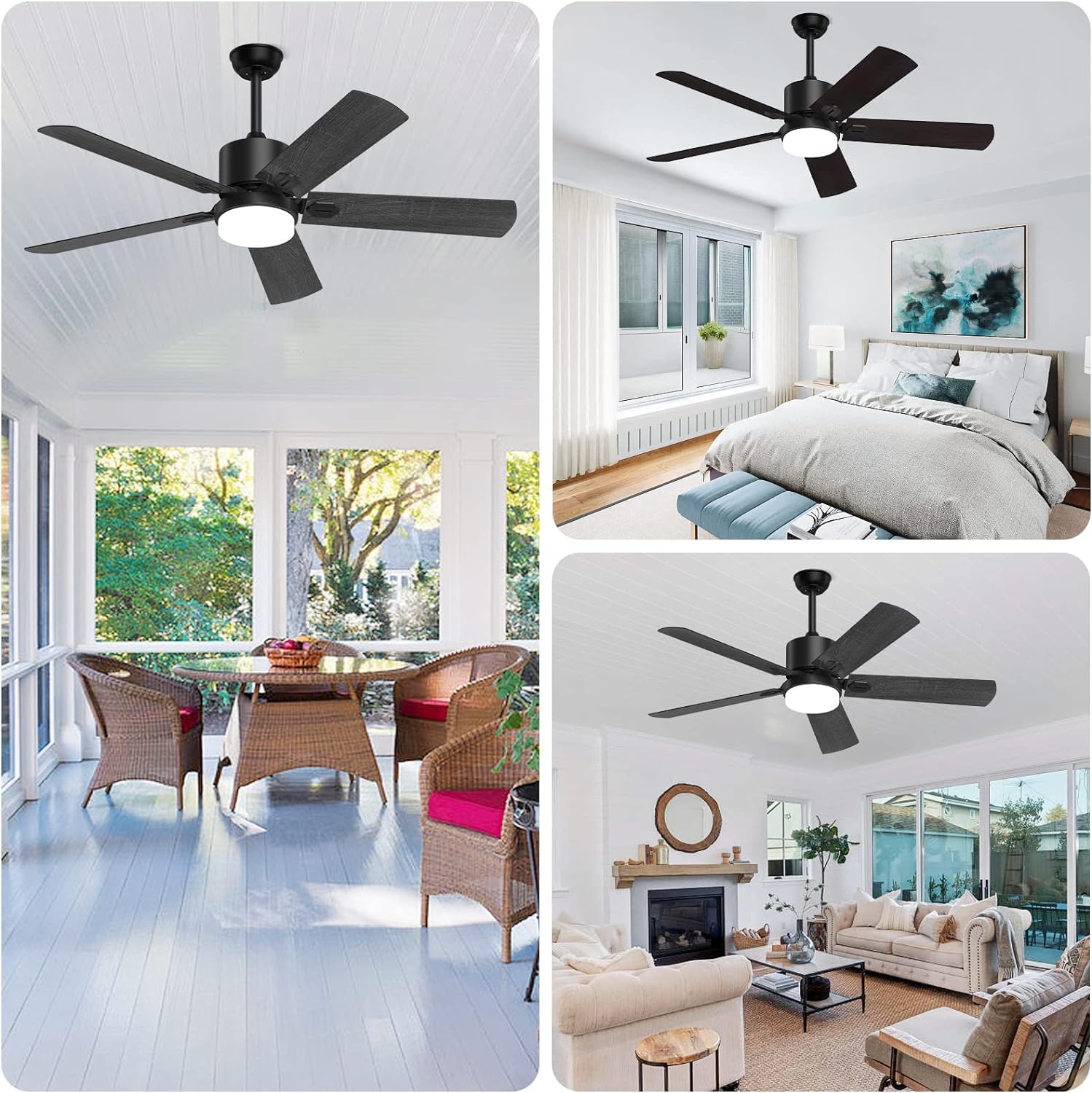 Black Ceiling Fan with Light - 6 Speed Adjustable, Noiseless DC Motor for Living Room & Bedroom - Walnut