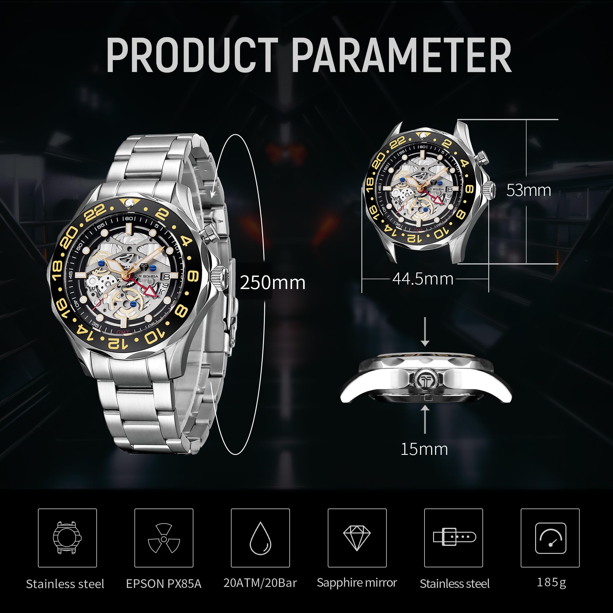 Luxury Automatic Square Tonneau Men's Watch - 50M Waterproof Skeleton Mechanical Silver Wristwatch with Silicone Strap | Stylish & Unique Design for Business, Casual & Formal Occasions