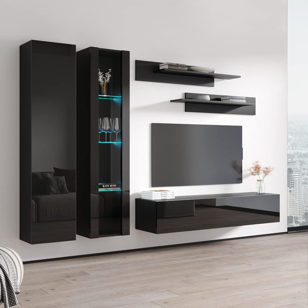 Modern Floating TV Stand with Storage & LED Lights - Wall-Mounted Entertainment Center for Bedroom & Living Room - A4 30TV Console with Shelves - Black - Perfect for Small Spaces & Home Theater Setup