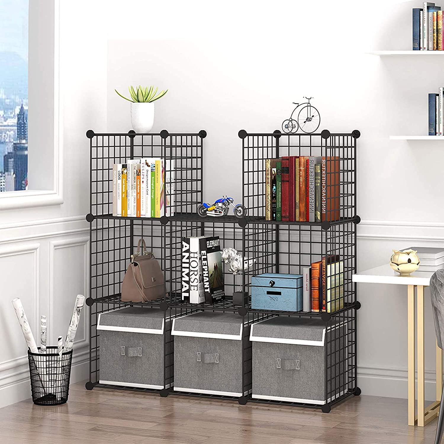 C&AHOME 9-Cube Wire Storage Organizer - Black Metal Grid Modular Shelf for Home, Office, Closet | 36.6