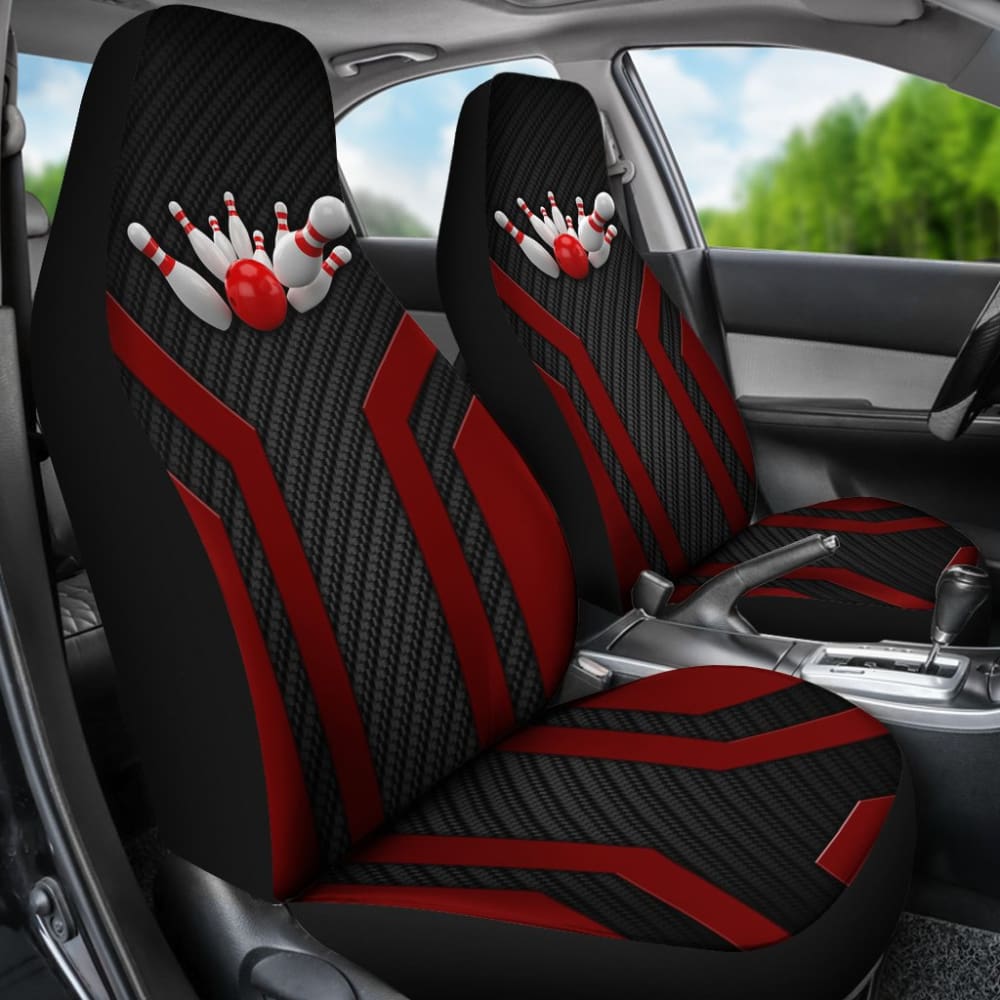 Premium Bowling-Themed Metallic Print Car Seat Covers - Black & Red Racing Style | Universal Fit for Cars, Trucks & SUVs | Perfect for Bowling Enthusiasts & Sports Car Lovers