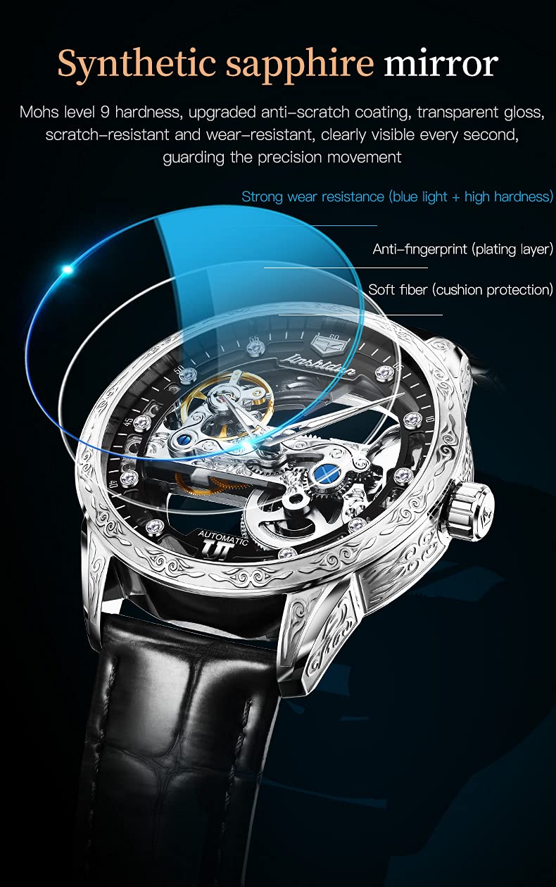 OLEVS Men's Automatic Skeleton Mechanical Watch - Self-Winding Dress Watch with Luminous Hands, Waterproof Leather Strap - Perfect for Business, Formal Events & Luxury Gifts