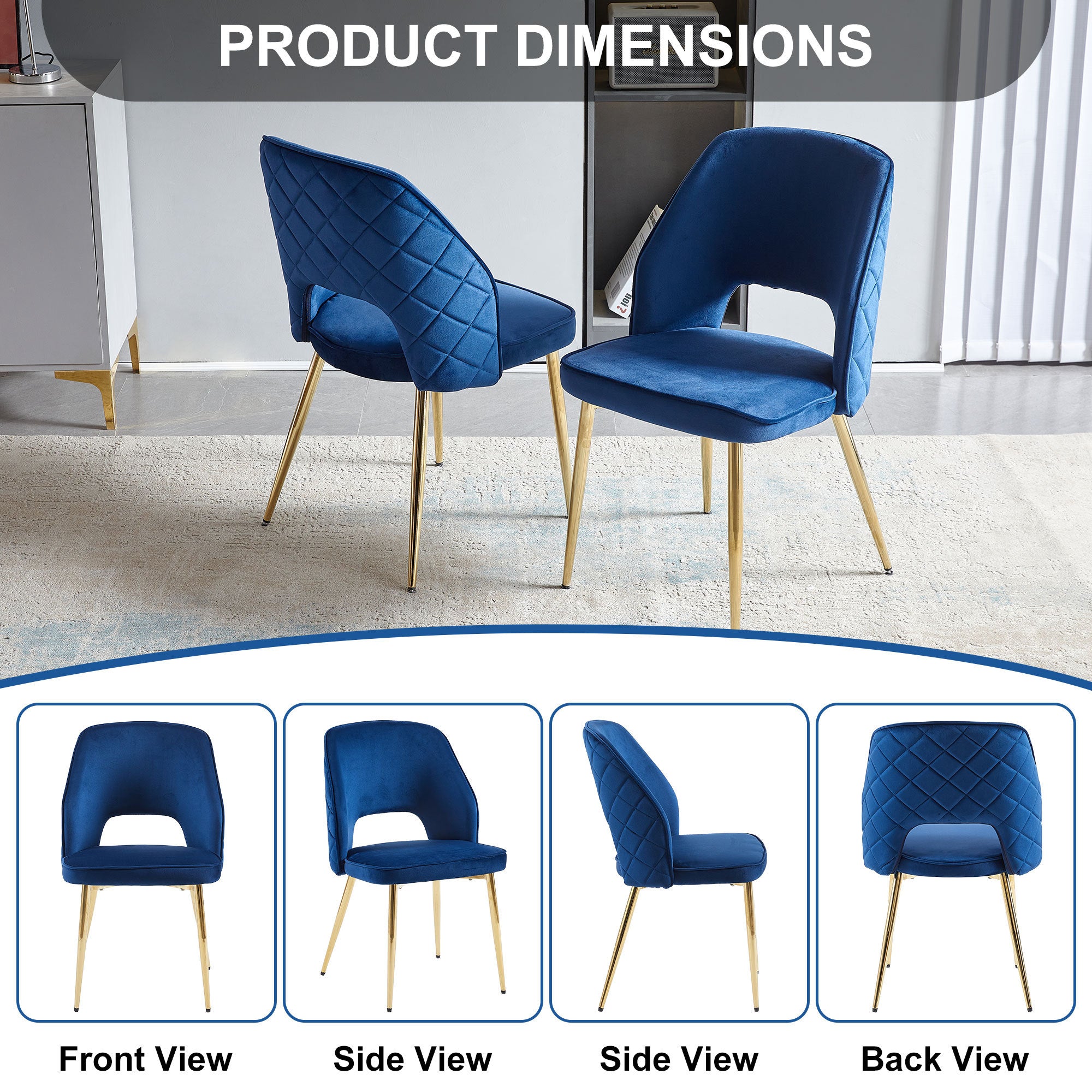Blue Velvet Dining Chairs Set of 4 - Modern Upholstered Chairs with Metal Legs & Hollow Back Design for Dining Room, Kitchen, or Home Decor