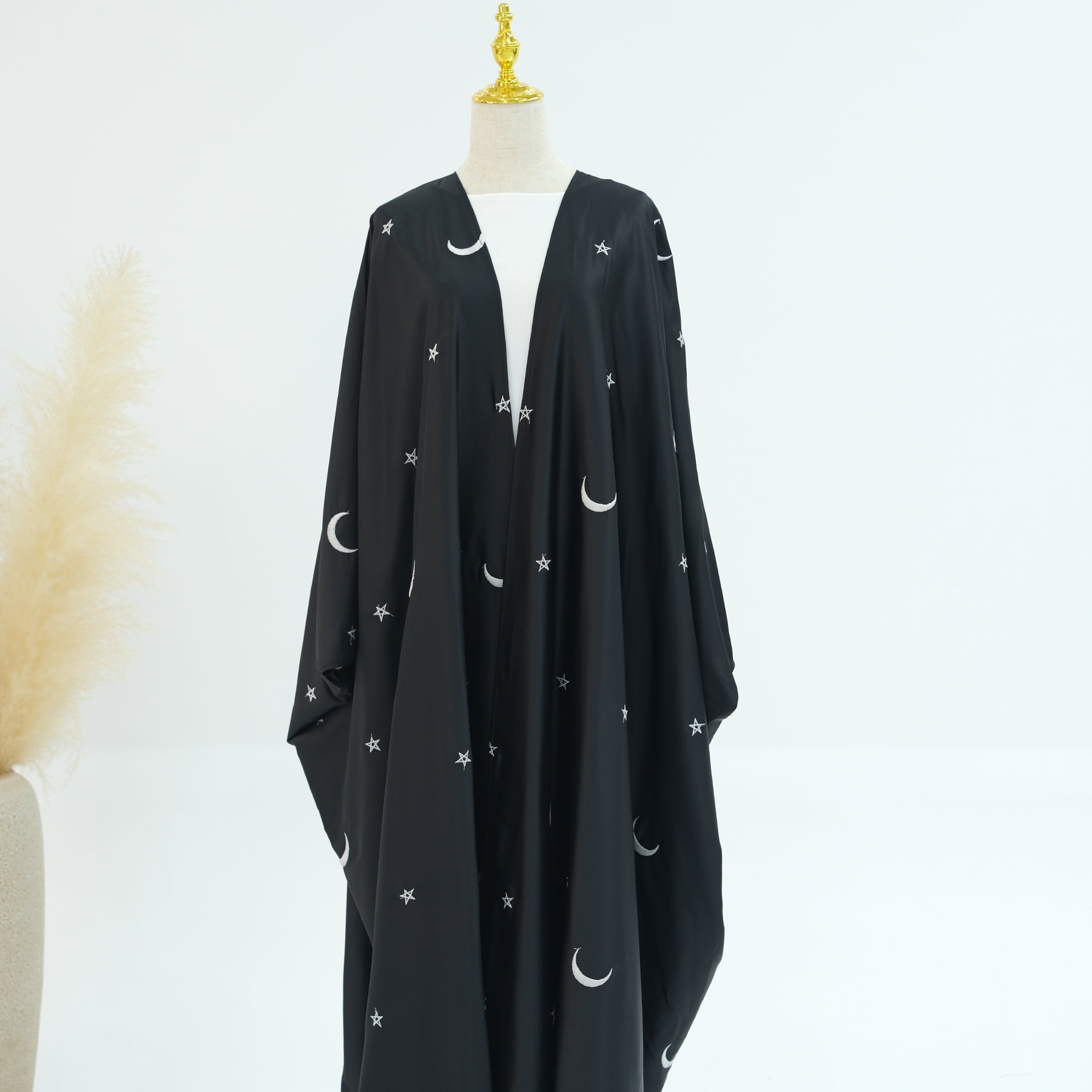 Elegant Hannah Moon Star Open Abaya - Black | Modest Muslim Prayer Dress for Women | Perfect for Prayer, Mosque, and Special Occasions