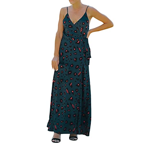 Women's Floral Print V-Neck Short Sleeve Maxi Sundress - Casual Loose Boho Beach Dress with Suspender Straps (Army Green, Size S) | Perfect for Summer Vacations, Beach Parties & Outdoor Picnics