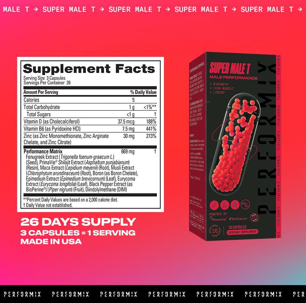 PERFORMIX Super Male T Testosterone Booster Supplement - Enhance Strength, Muscle Growth & Endurance - Supports Stamina, Libido, Mood & Mental Clarity - 26 Servings Mass Gainer for Men - Perfect for Gym Workouts, Bodybuilding & Fitness Performance