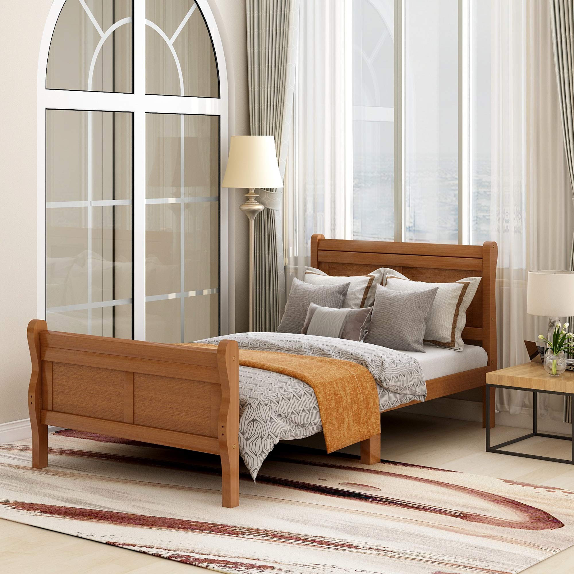 Harper & Bright Designs Solid Wood Twin Bed Frame with Headboard & Footboard - Sturdy Platform Bed with Slat Support for Kids, Teens & Adults - No Box Spring Needed - Classic Sleigh Design (Oak Finish) - Perfect for Bedrooms, Guest Rooms & Dormitories