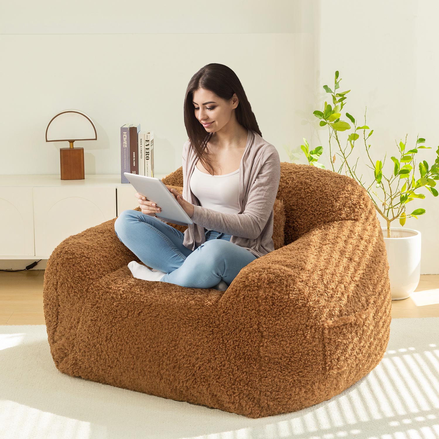 MAXYOYO Large Wool Bean Bag Chair with Pillow - Ultra Comfortable Lounge Chair for Adults, Perfect for Reading, Gaming & Relaxing in Living Room, Bedroom or Dorm